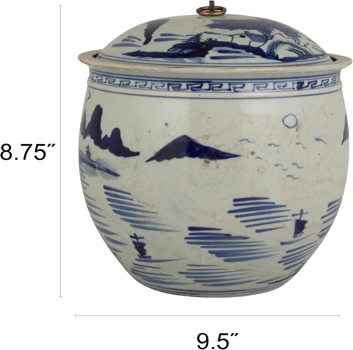 Creative Co-Op Hand-Painted Stoneware Vintage Reproduction Ginger Jar with Landscape & Brass Ring, Blue & White