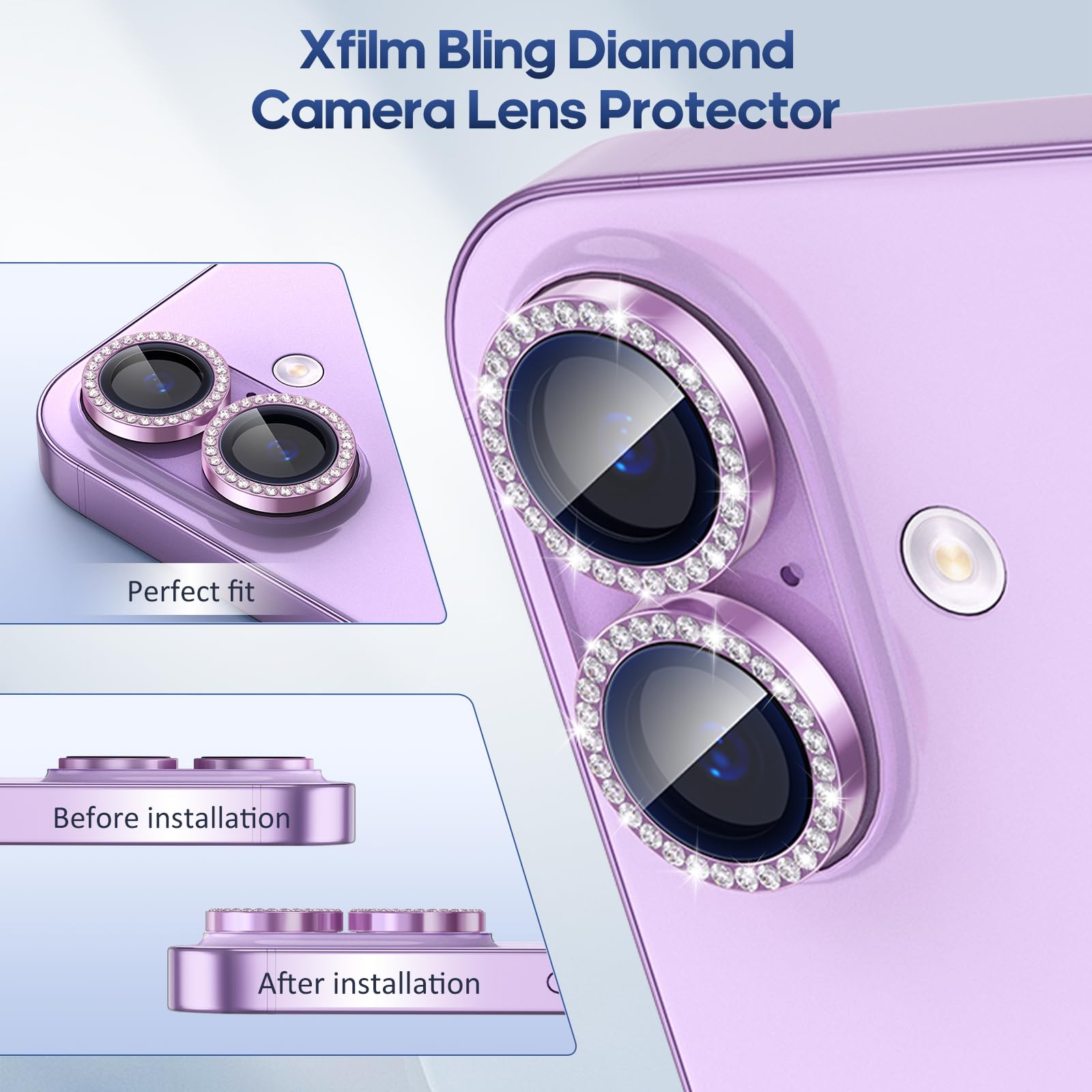für iPhone 17 Kamera Objektivschutz Bling, Individueller Diamant Metallring mit 9H Härte, Kratzfest Kamera Displayschutzfolie, Stylisches Zubehör, Hüllenfreundlich (Lila)