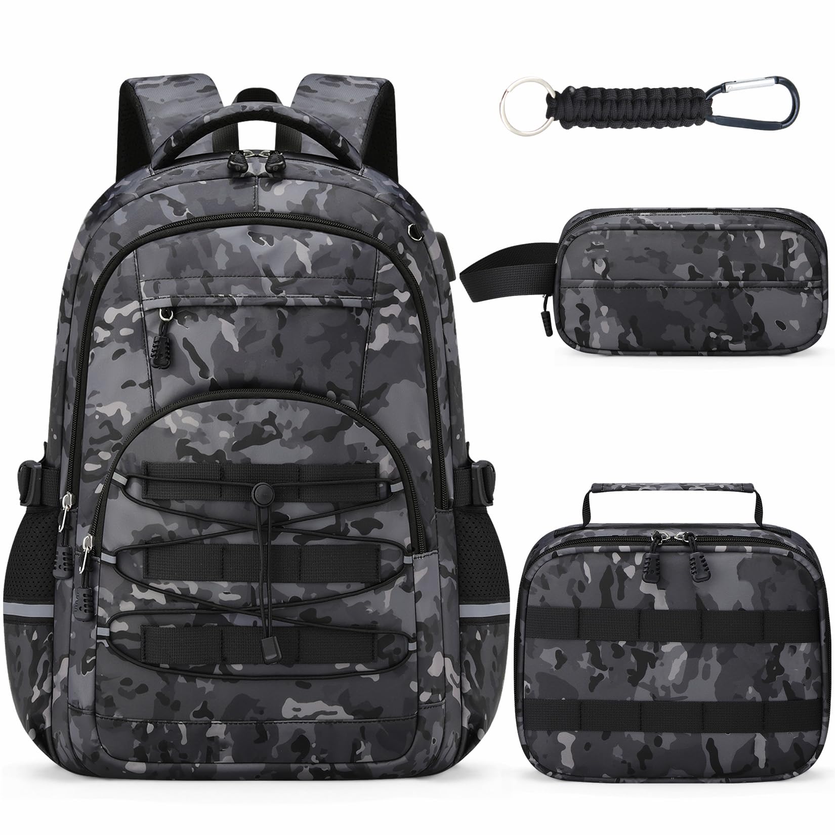 ZHIMEBYE School Backpacks for Boys - 4pcs Camo Boys Backpacks with Lunch Box Set for Kids Teens Elementary Middle School, 18″ Large Capacity Students