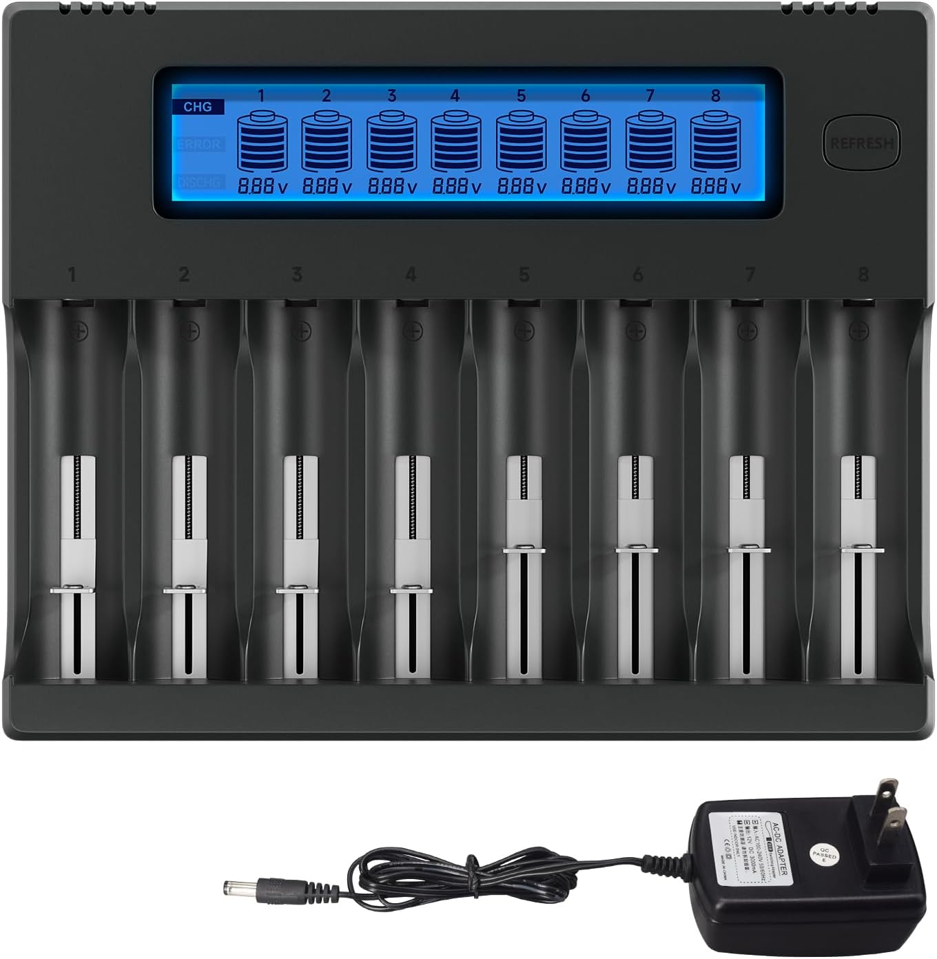 18650 Battery Charger, 8-Bay Smart LCD Display, Fast Charge Rechargeable Li-ion LiFePO4 Ni-MH Ni-Cd AA AAA RCR123 21700 26650 13650 16340 18350 18700