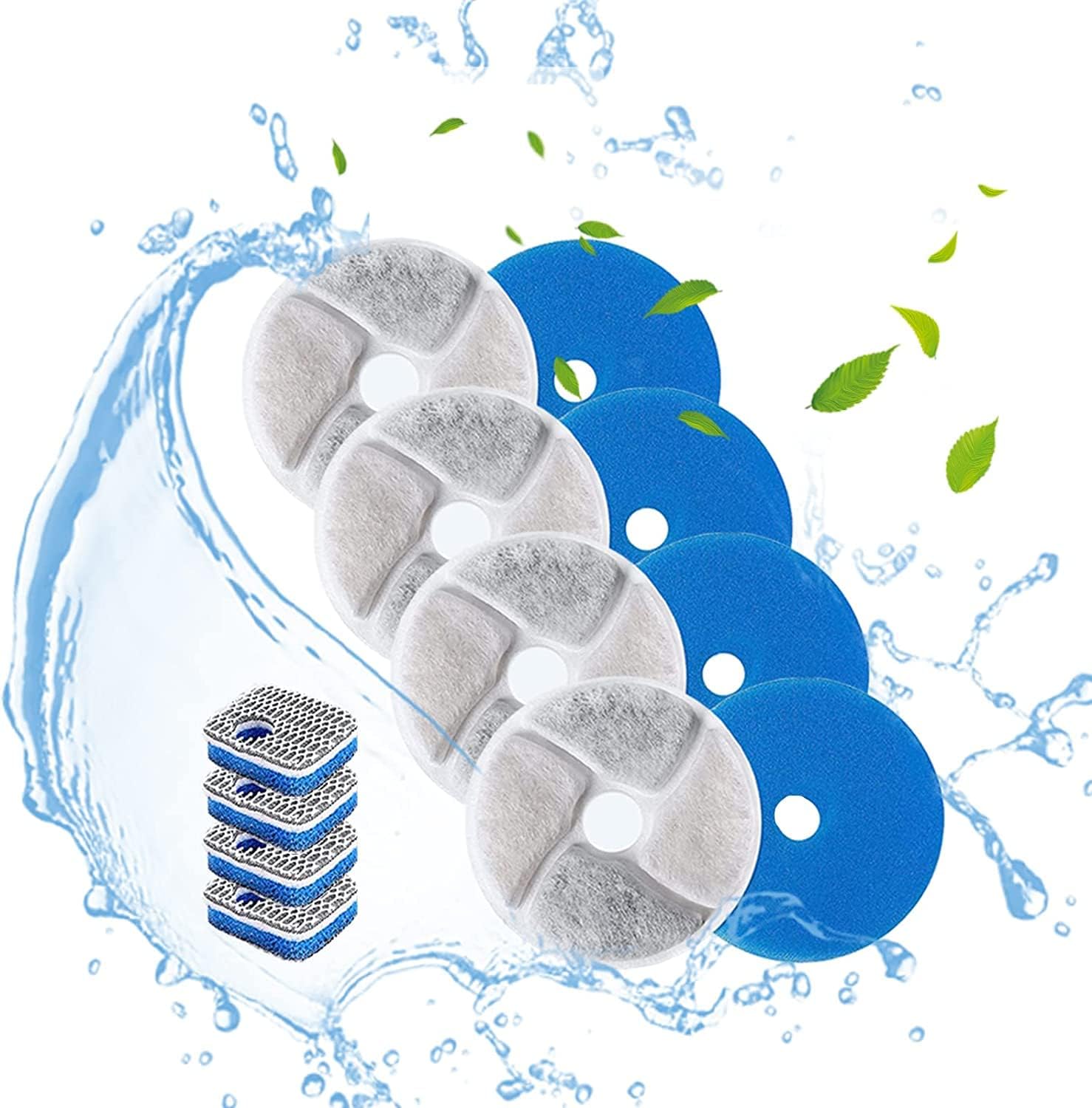 LKUWEE Cat Water Fountain Filter, 4 Pieces Filters + 4 Pieces Foam Replacement Filters for