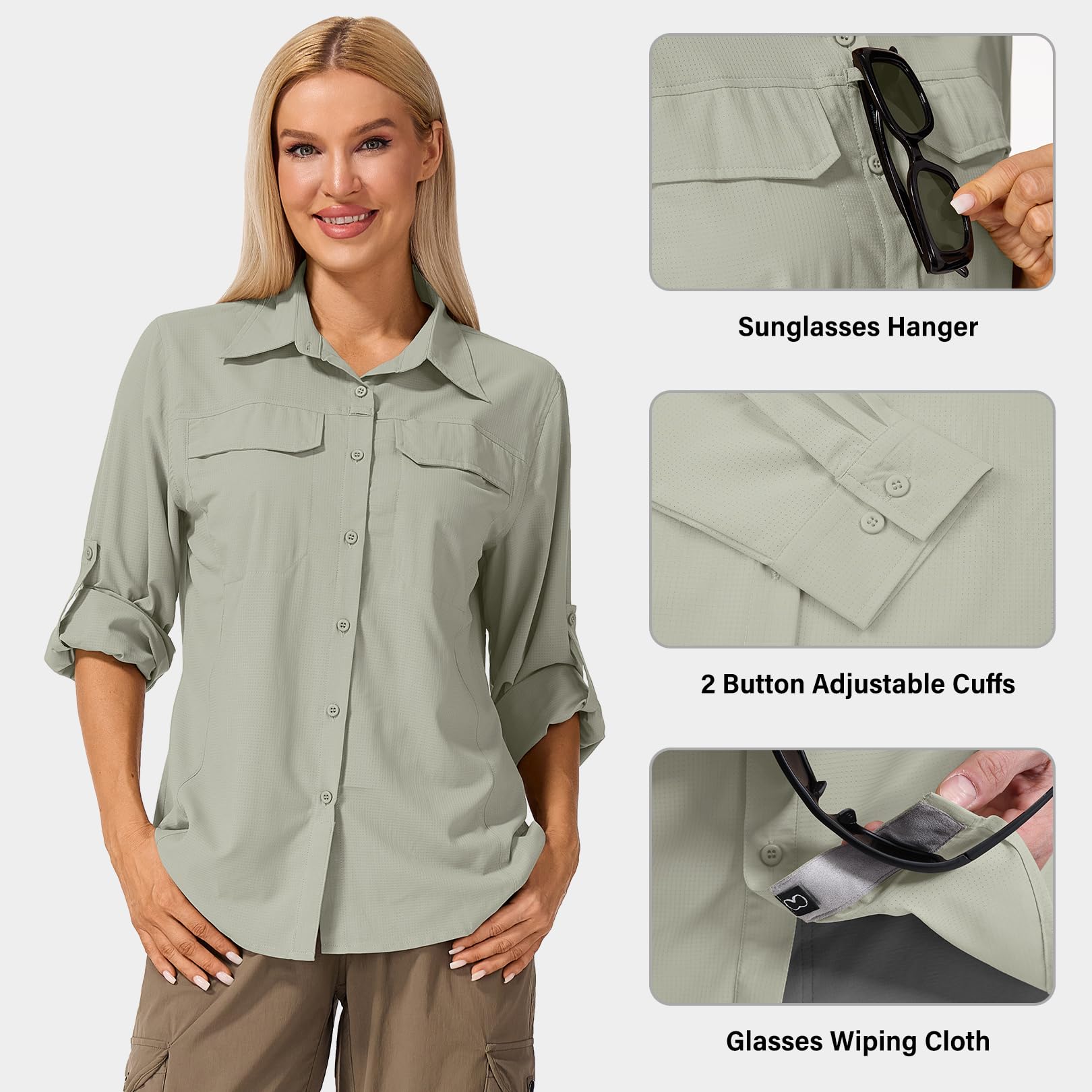 Jessie Kidden Camisas de manga larga para mujer, protección UV, safari, senderismo, pesca, UPF 50+, secado rápido, enfriamiento, camping, viajes