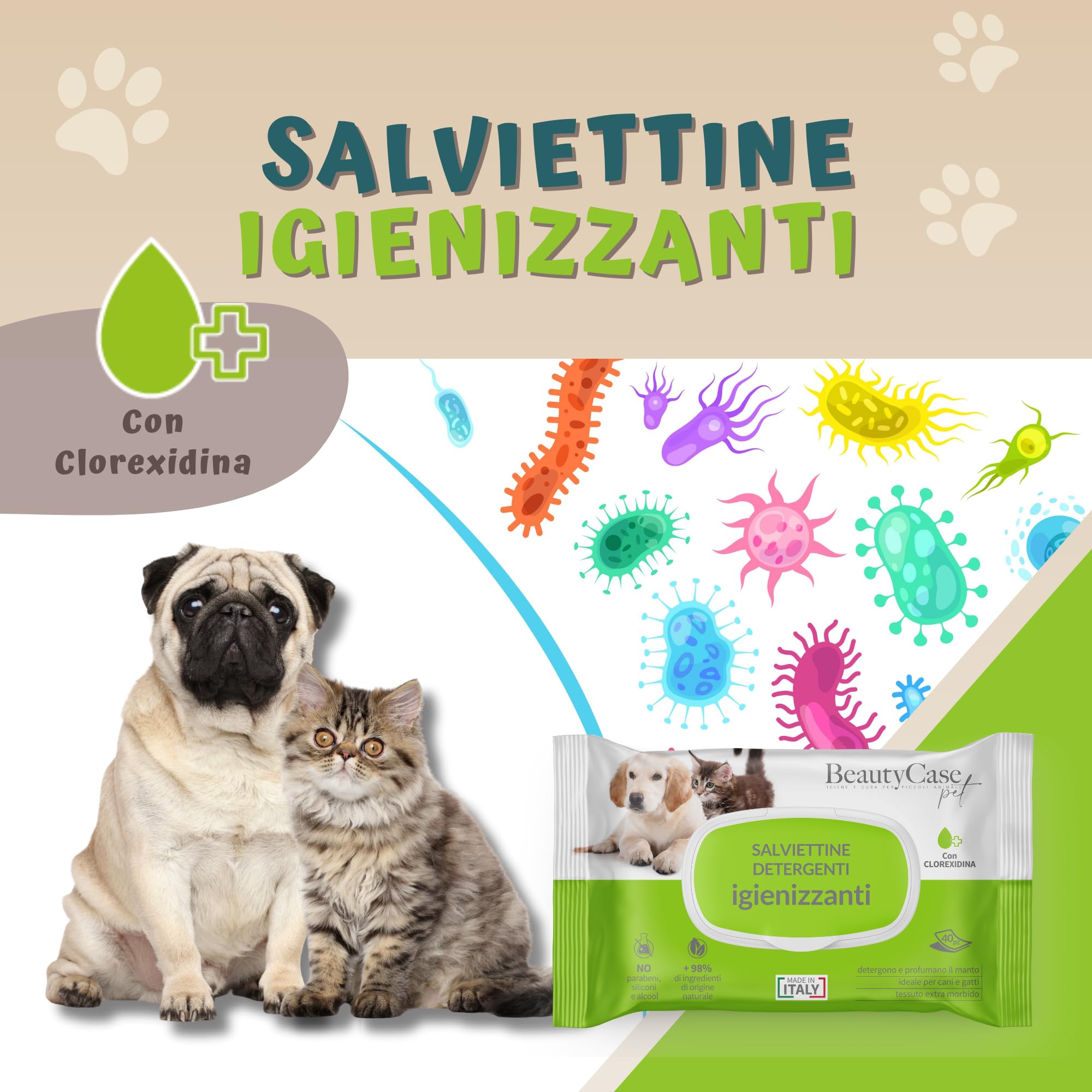 Beauty Case Pet Salviette Detergenti Cani e Gatti XL 20x30cm - 480x Salviette Umidificate Cane - 12x40 Salviettine Cani