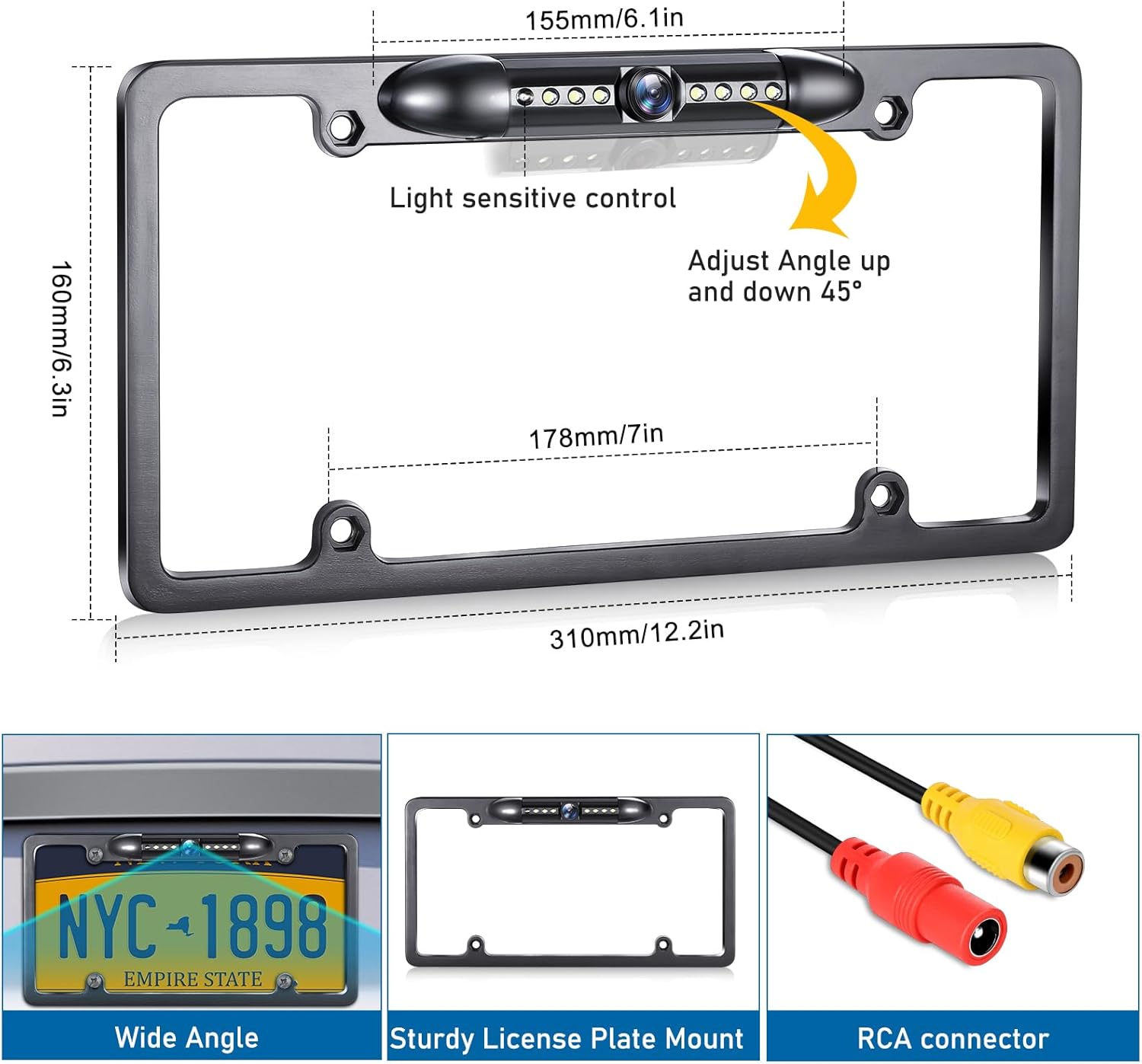 GLK Backup Camera, AHD 1080P License Plate Camera, Night Vision Rear View Reverse Camera with 7 LEDs, Wide Angle IP69K Waterproof Rear Camera for 12-24V Car Vehicle SUV RV