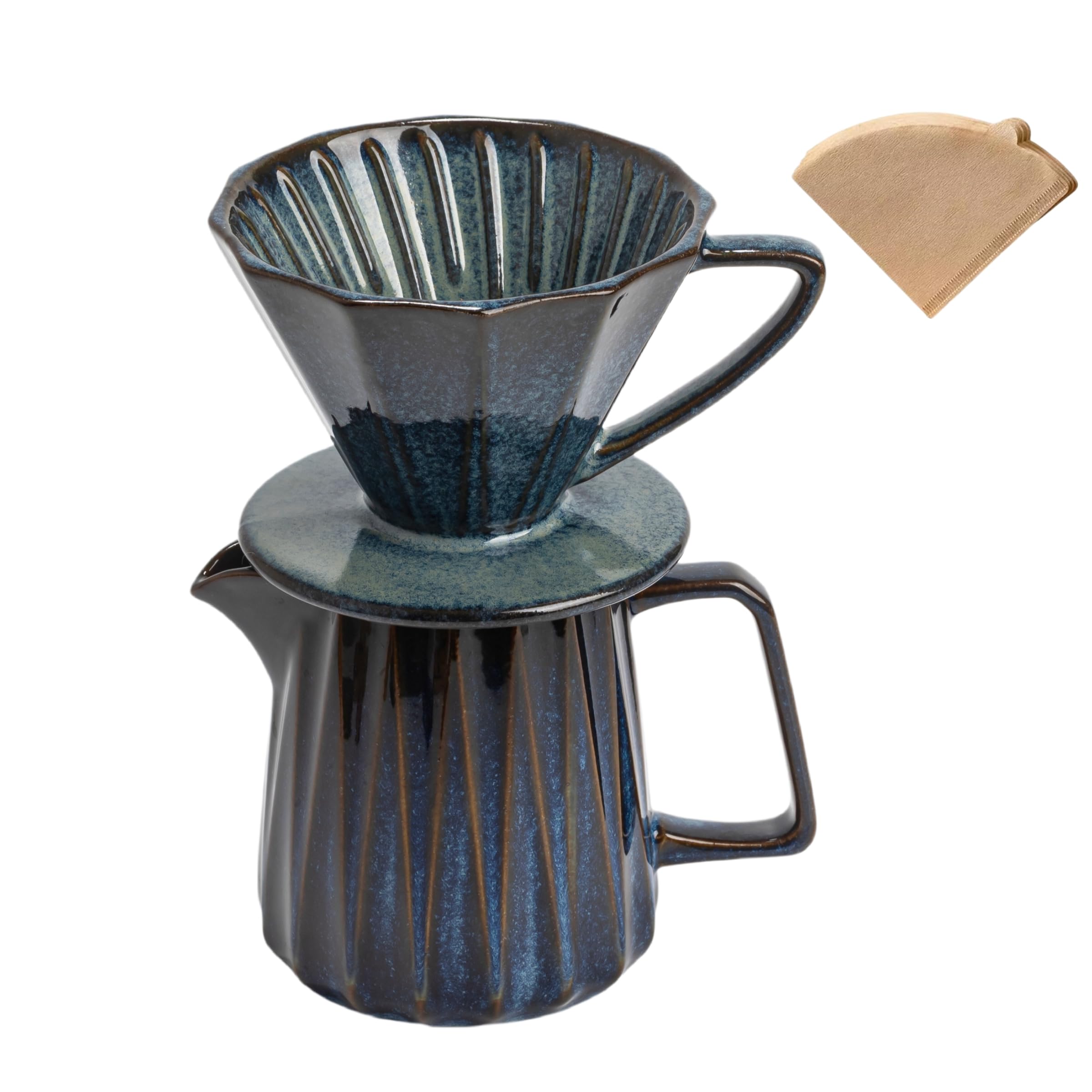 Ceramic Pour Over Coffee Maker With 40 pcs Paper Filter | Durable Ceramic Construction,Distinctive Starry Blue Glaze,Easy Brewing Operation