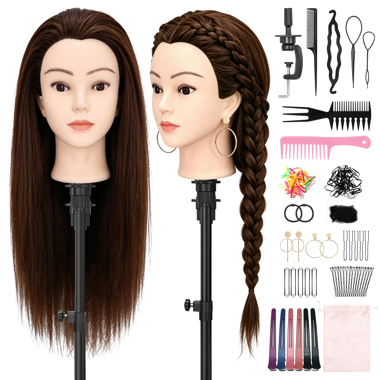 Yofuly 24Zoll 61cm Frisierkopf mit Ohrlöchern 80% Echthaar Übungskopf Friseur Mannequin Kopf mit Tischklemme DIY-Zopfset Braun