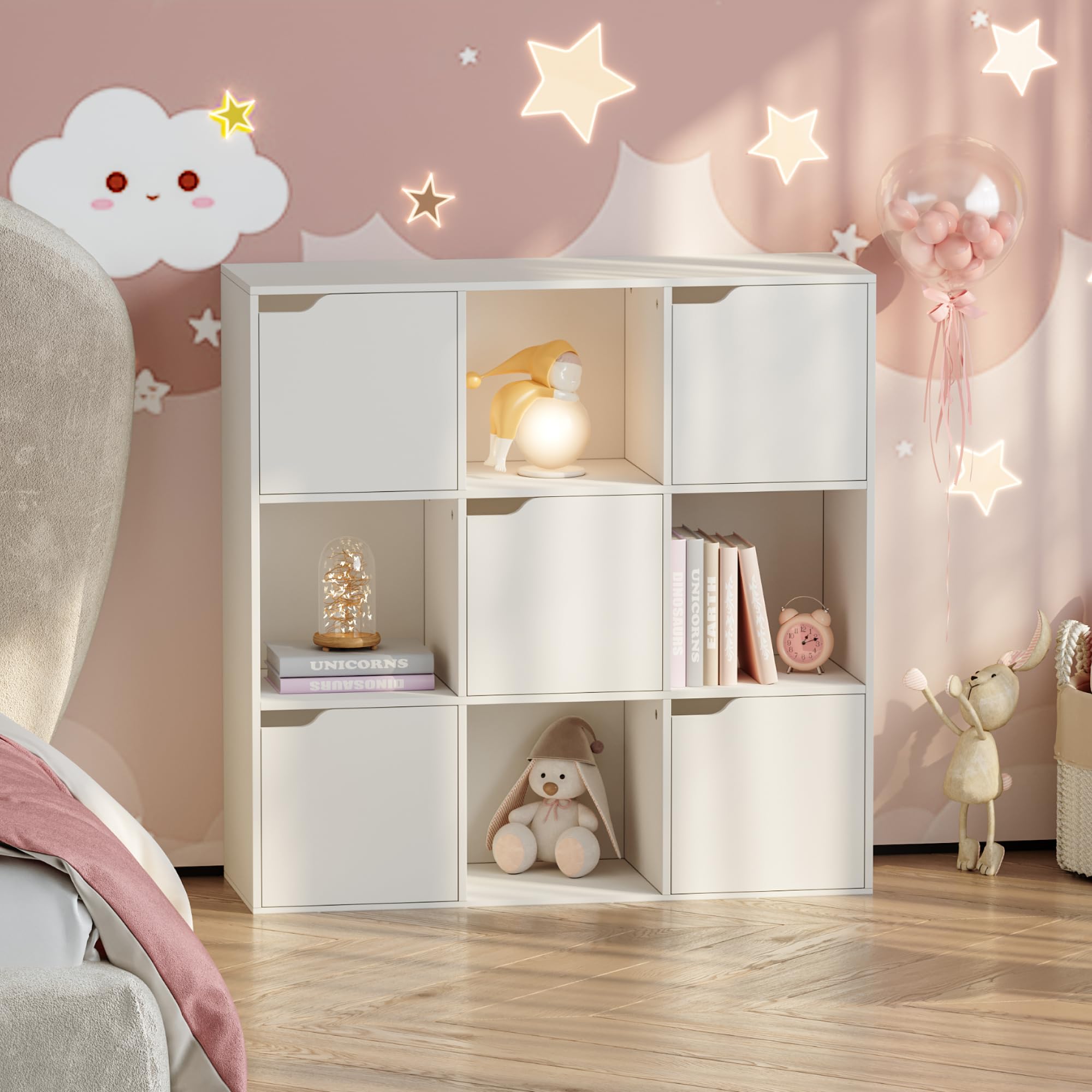 [en.casa] Scaffale per Cameretta a 9 Cubi Mobile Contenitore per Bambini con 5 Scomparti Chiusi da Ante e 4 Vani Aperti Libreria per Soggiorno Ingresso 90 x 90 x 30 cm - Bianco