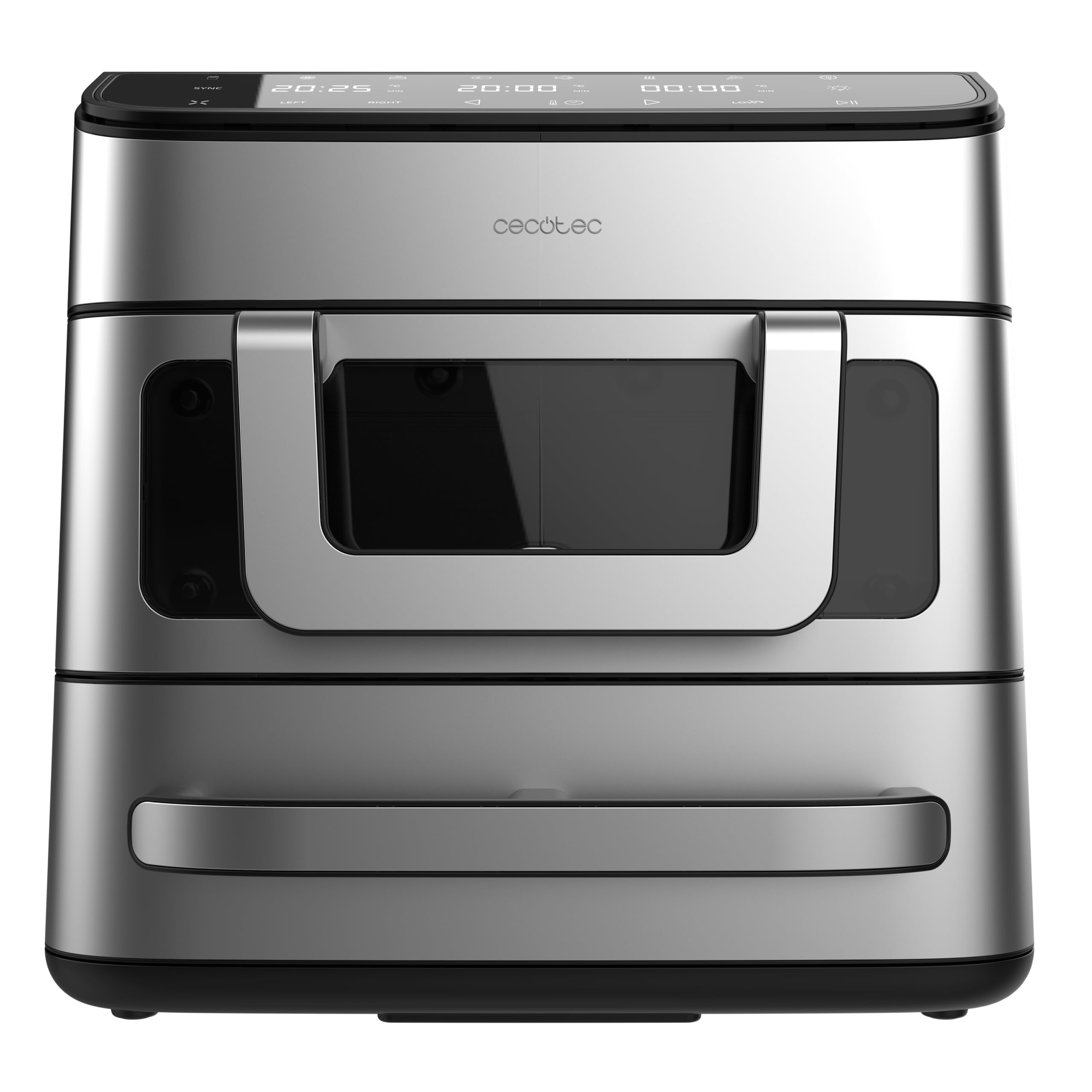 Cecotec Cecofry FoodCourt 18000 4Pizza Air Fryer 18 l Air Fryer 18000 4Pizza 2700 W, Backofen 30 cm, Temperatur max. 230 °C, 9 l Trennwand und 200 °C, Sync-Funktion, Pizzastein, Farbdisplay, Edelstahl