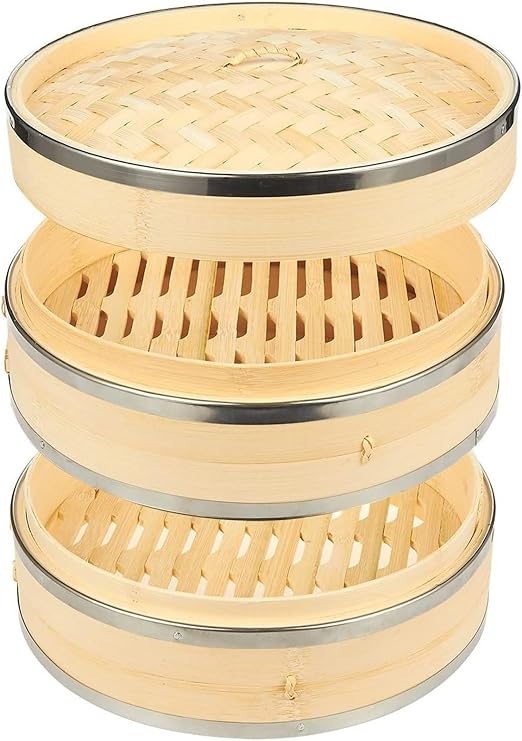 2-Tier 10 Inch Bamboo Steamer Basket with Steel Rings - Large Capacity Dumpling, Vegetable Steamer Basket (10x6.5x10 In) - Steamer for Cooking