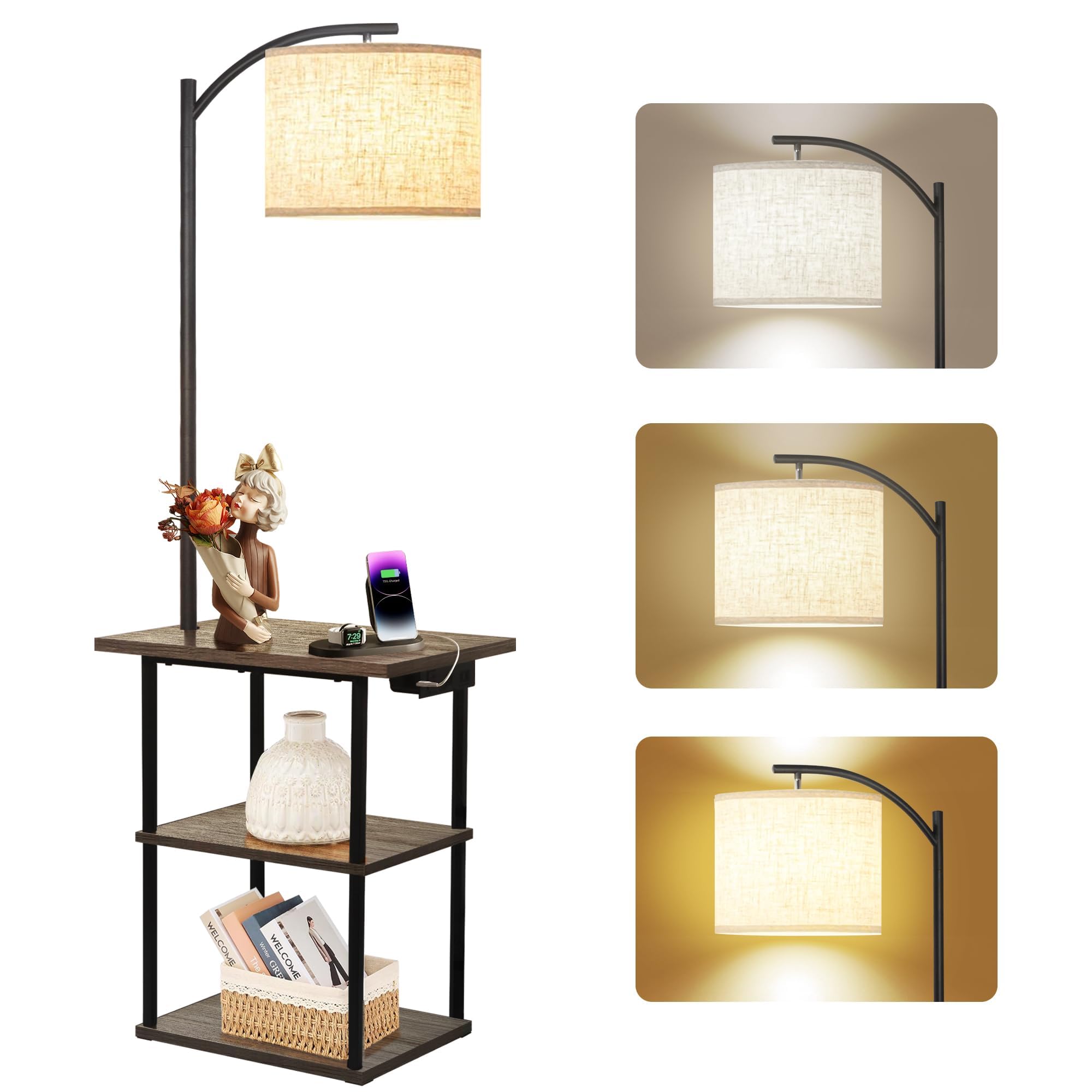 PESRAE Floor Lamp with Table, End Tables with Charging Station