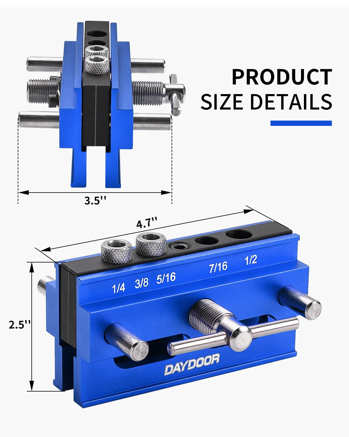 DAYDOOR Self Centering Doweling Jig, Adjustable Width Dowel Jig for Straight Holes, Biscuit Joiner Set with 6 Bushings and 3 Drill Bits(Blue)