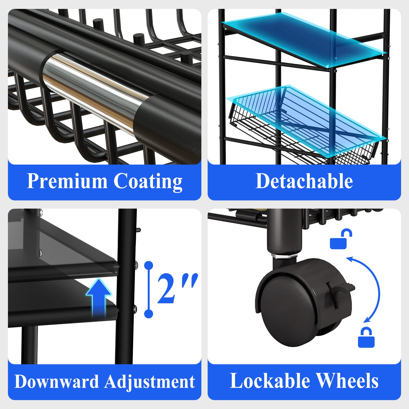 Microwave Stand Cart with Storage, 4 Tier Metal Kitchen Rolling Cart, Fruit and Vegetable Basket on Wheels, Standing Baker's Rack Coffee Station Organizer Shelf, Black