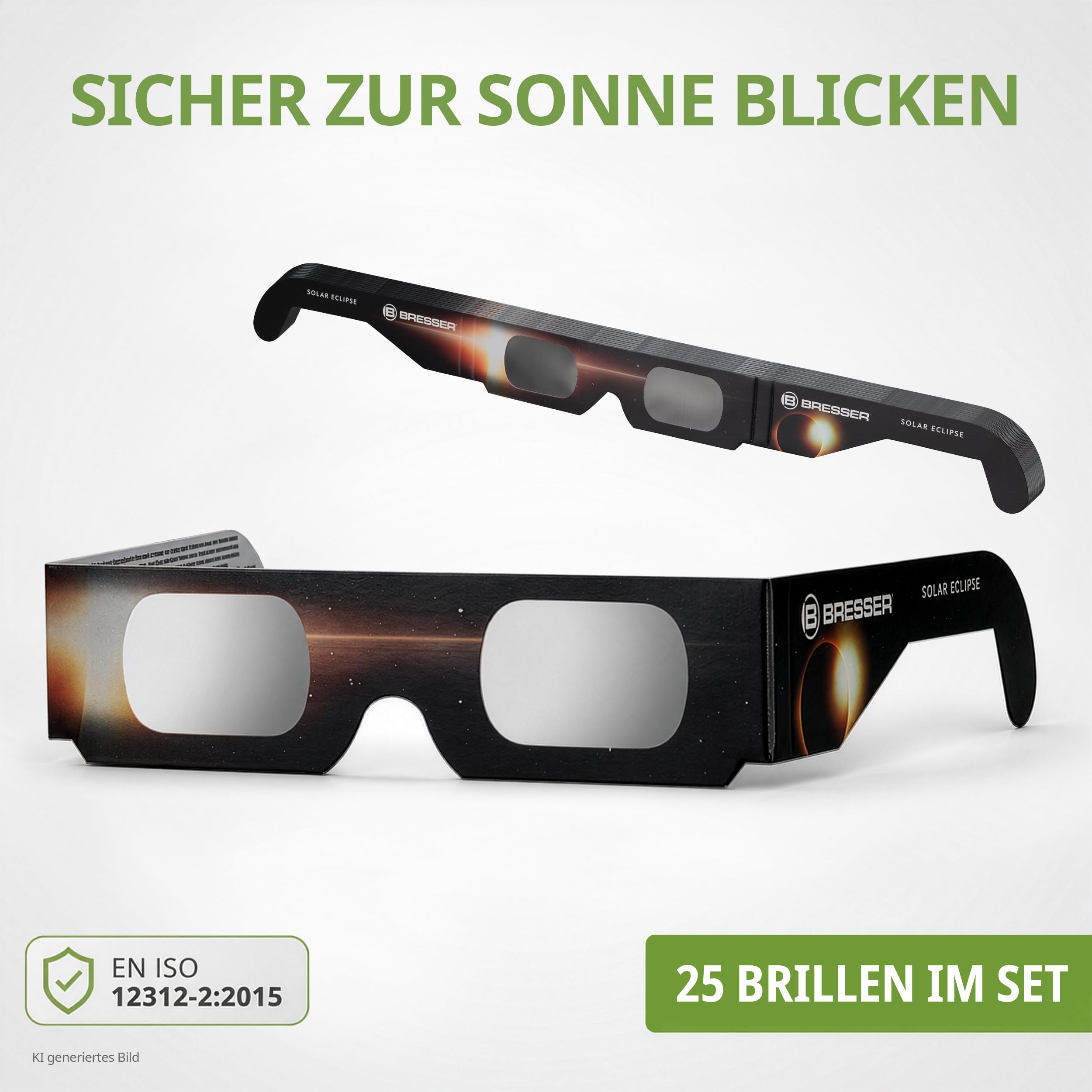 Bresser Sonnenfinsternis Brille 25 Stück, sichere Sonnenbeobachtung, EN ISO 12312 2:2015, hellgelbes Sonnenbild, Design B