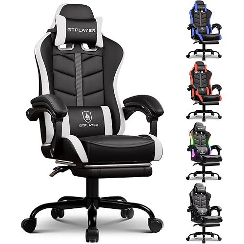 GTPLAYER Gaming Chair, Computer Gaming Chairs for Adults with Footrest, Height Adjustable PC Game Chair with 90-155° Recline & Removable Headrest Lumbar Support, Black-White