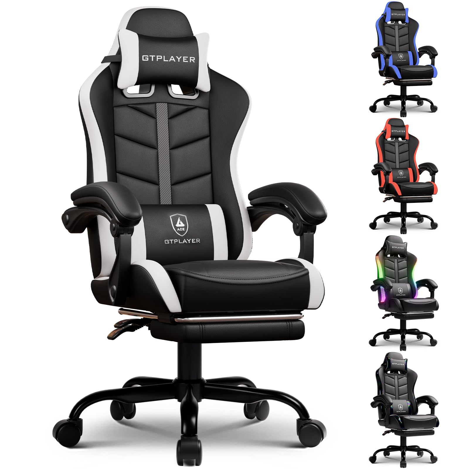 GTPLAYERGaming Chair, Computer Gaming Chairs for Adults with Footrest, Height Adjustable PC Game Chair with 90-155° Recline & Removable Headrest Lumbar Support, Black-White