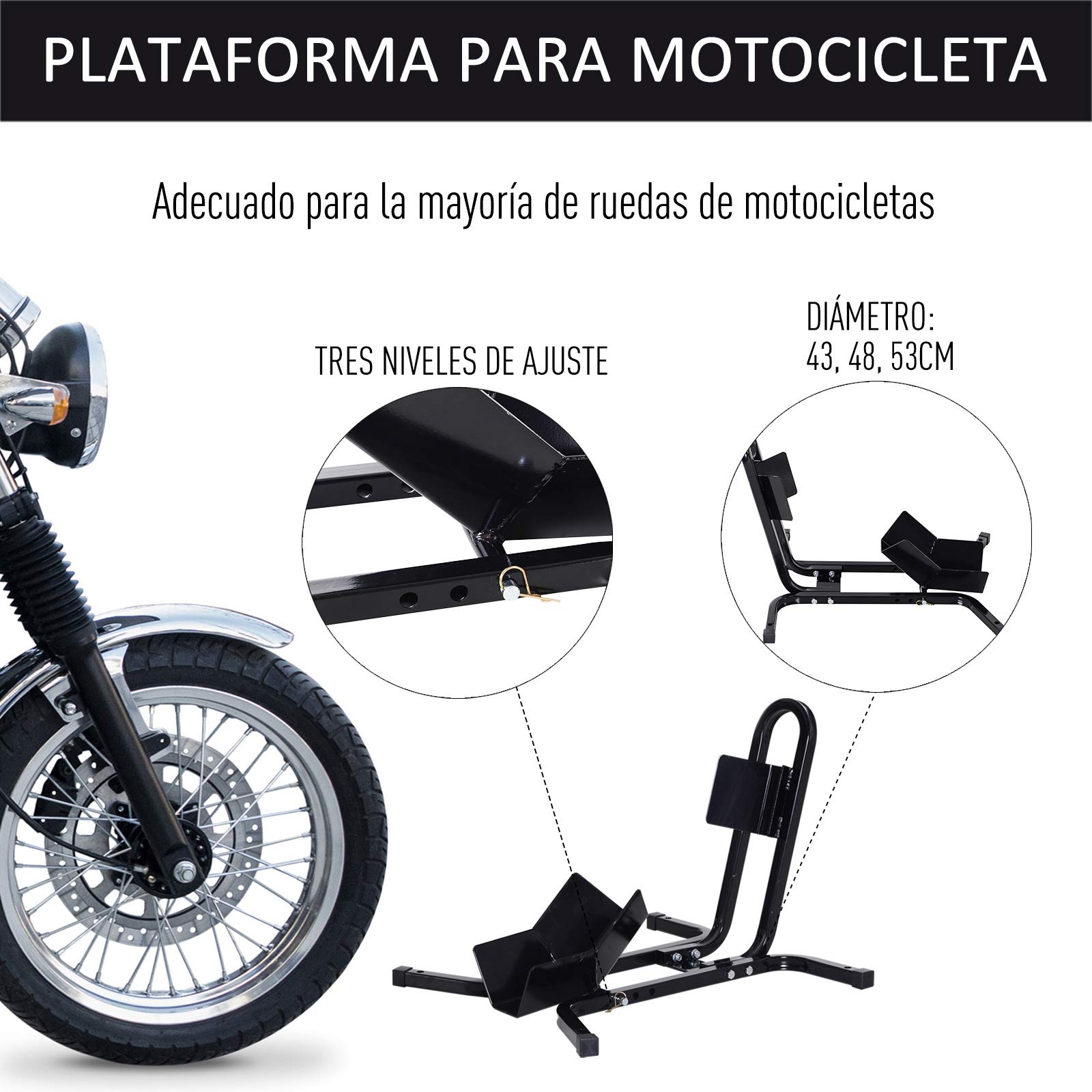 HOMCOM Caballete de Moto Delantera para Ruedas ∅43, 48, 53 cm Negro | Soporte para Rueda Delantera de Moto, Ajustable en 3 Niveles, Metal Robusto