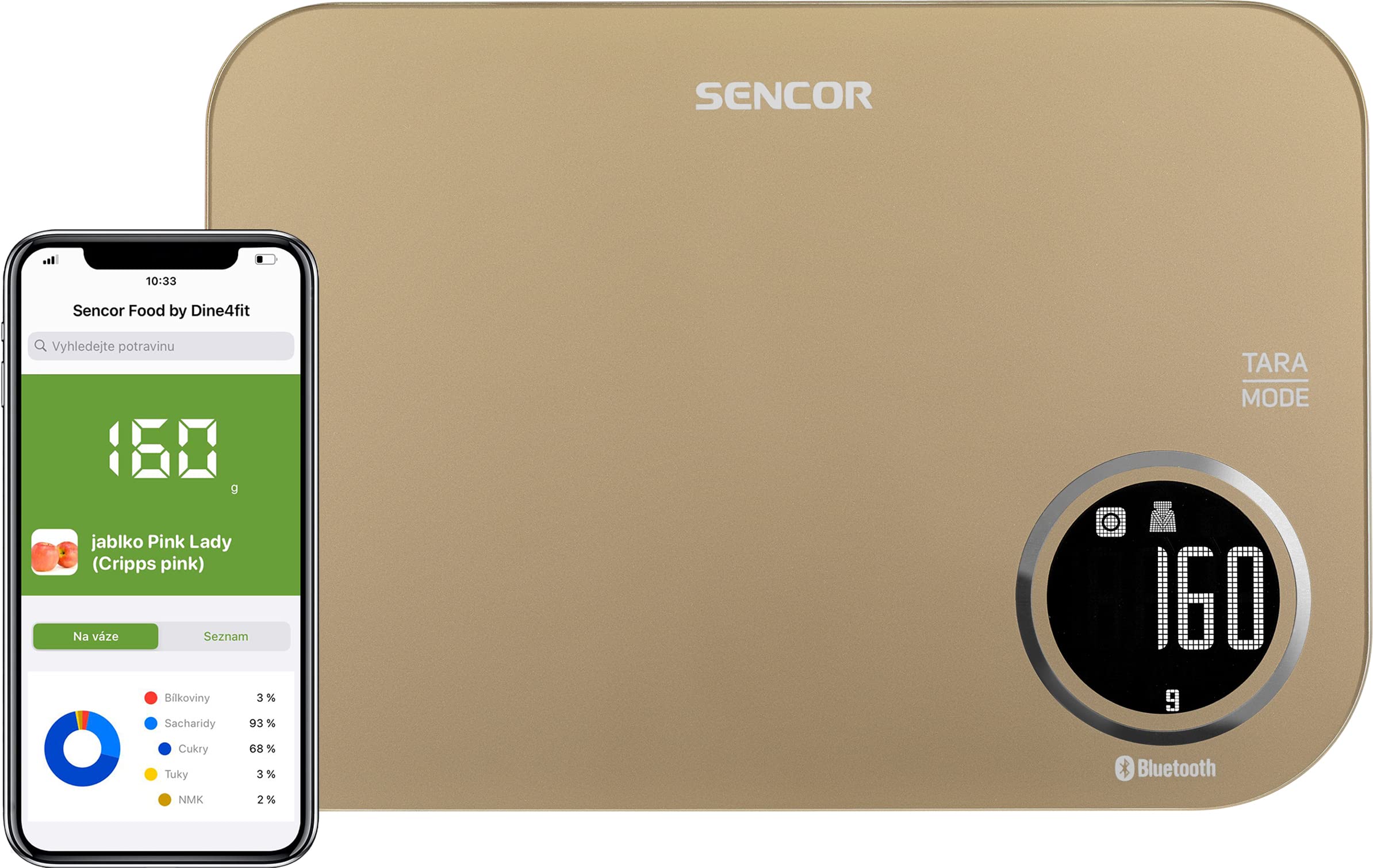 Sencor SKS707X elektronische Küchenwaage Lebensmittel Bluetooth Smart Hartglas Küchenwaage Professionelle digitale Küchenwaage LCD Display Präzision 0.1g (Champagner)
