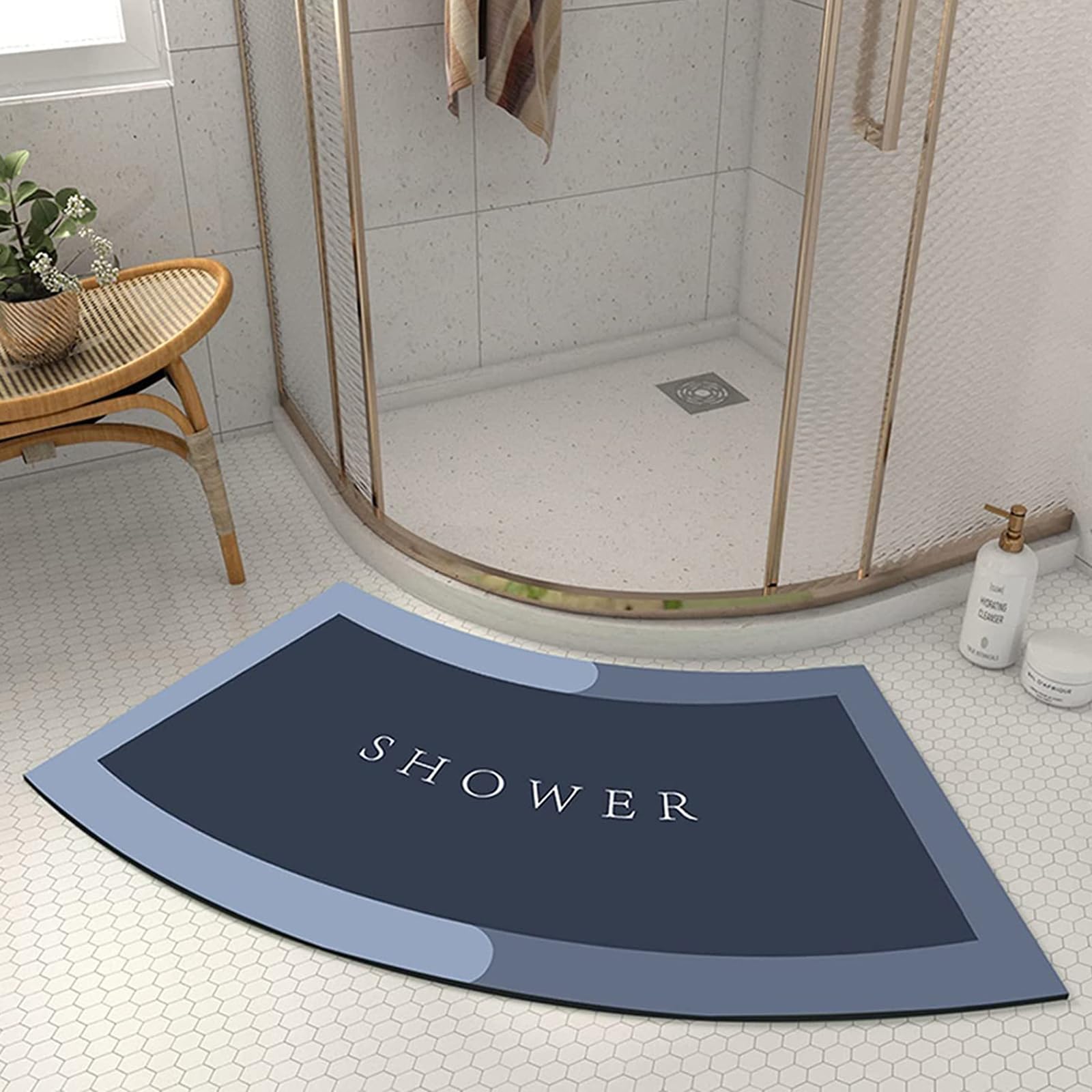 UVCMDUI Curved Shower Mat Outside Shower, Super Absorbent Floor Mat Quick Drying Diatomaceous Curved Bath Mat, Non Slip Quadrant Shower Mat for Home Hotel,Blue,40x75CM(15.7x29.5IN)