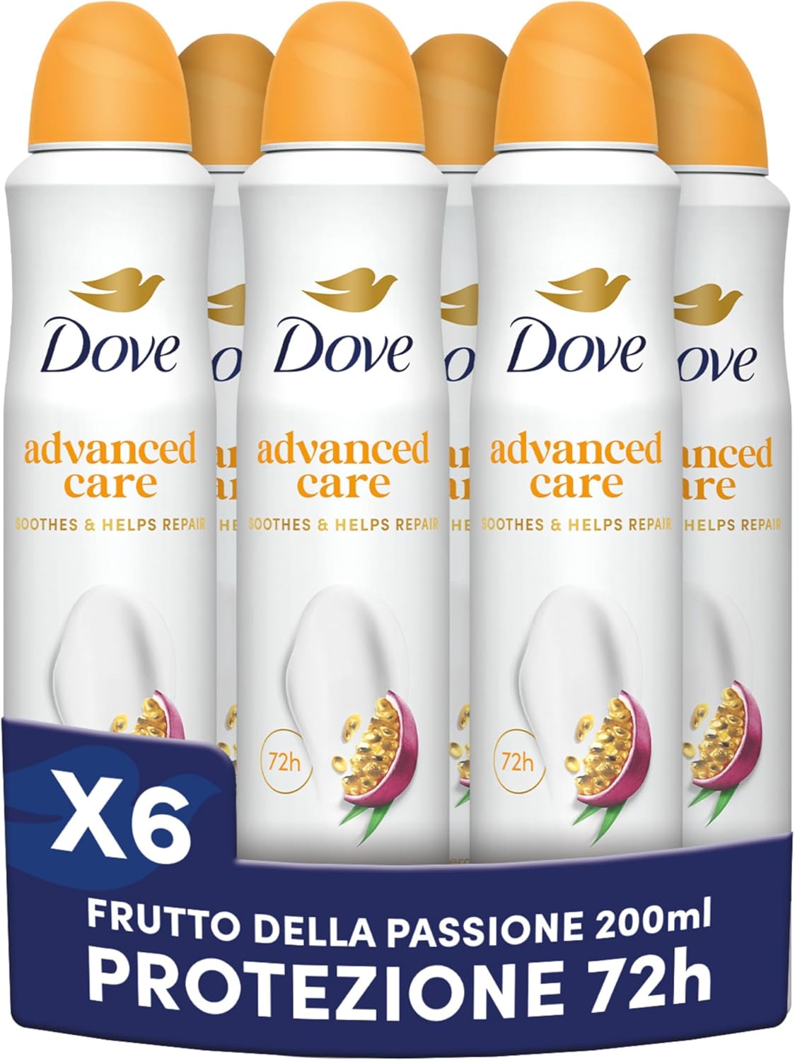 Dove Deodorante Spray Advanced Care Go Fresh Passion Fruit, con Formula Idratante e Delicata sulla Pelle, Senza Alcol, Pelle Asciutta Fino a 72 Ore, Deodorante Uomo e Donna, 6 Pezzi da 200ml