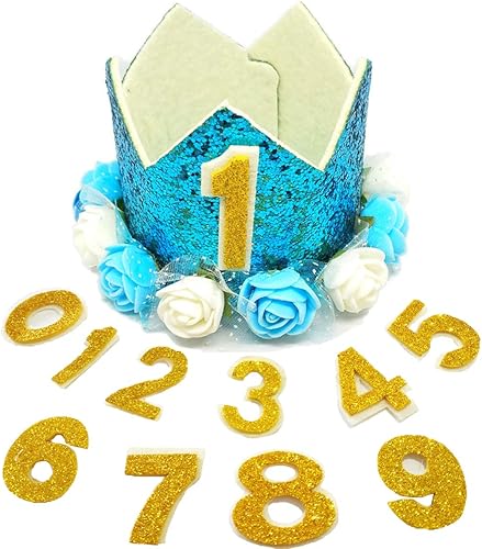 PET SHOW Sombrero de cumpleaños de perro con corona azul para niños, mascotas, gato, diadema con figuras de 0 a 9 dijes y accesorios de fiesta con