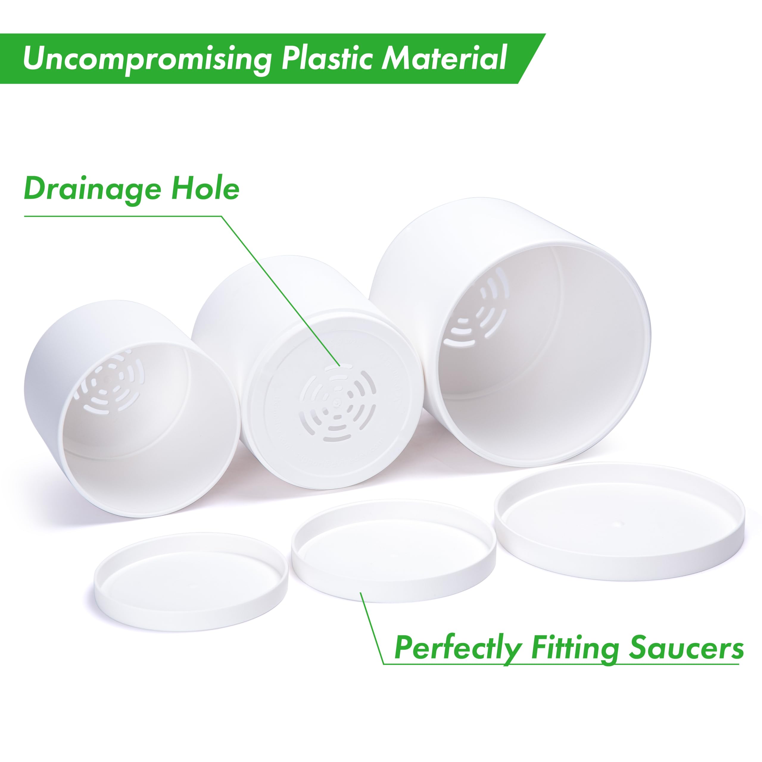 D'vine Dev 6 Inch 6.5 Inch 8 Inch, Set of 3, White Colour Planter Pots for Plants with Drainage Hole and Seamless Saucers - Image 4