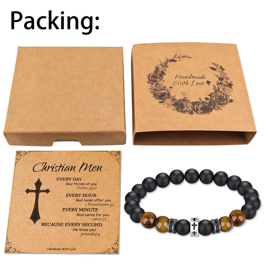 Pulsera cristiana con cuentas de ojo de tigre de 0.315 in Pulsera de cuentas de cruz negra Regalo de joyería para hombres religiosos, Talla única, Piedra, No es una piedra preciosa 5