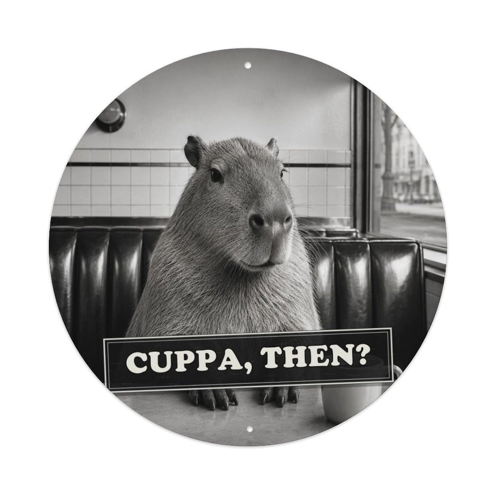 Social Satire Capybara Diner Quirky Animal Anthropomorphic Metal Tin Sign Plaque Wall Decor for Cafe, Man Cave, Club Bar, Office, Home Garden Round Metal Poster 8x8Inch