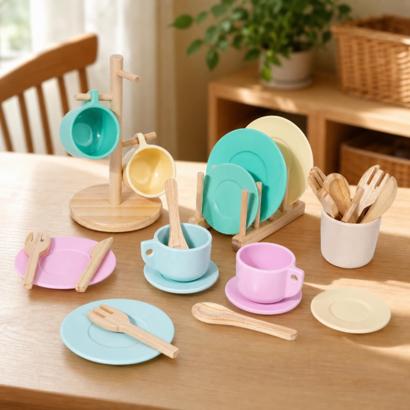Set da tè in Legno Tinte Delicate Servizio da tè Giocattolo Realistico Set in Legno per Asilo