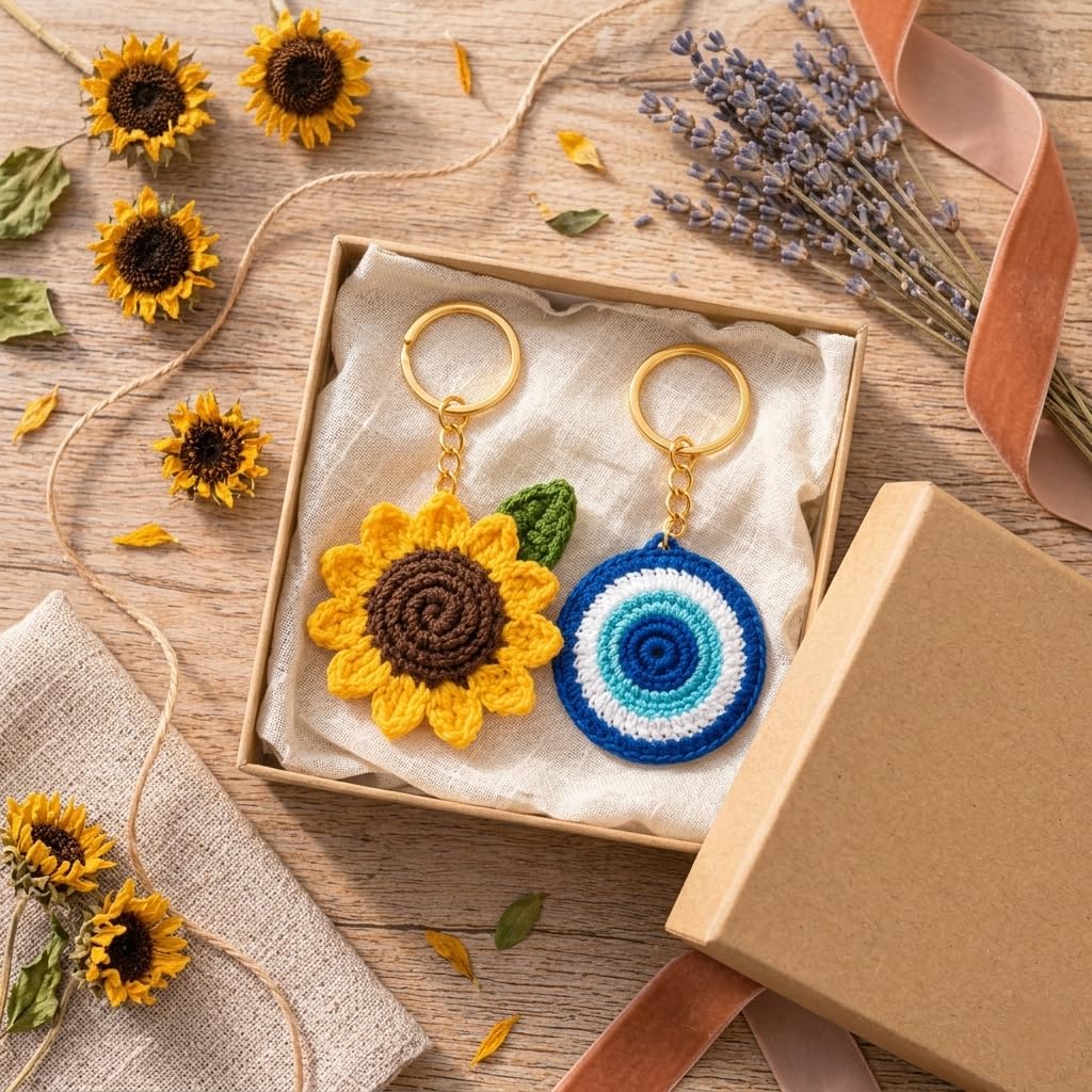 Handmade Crochet Keychains - Sunflower & Evil Eye -7
