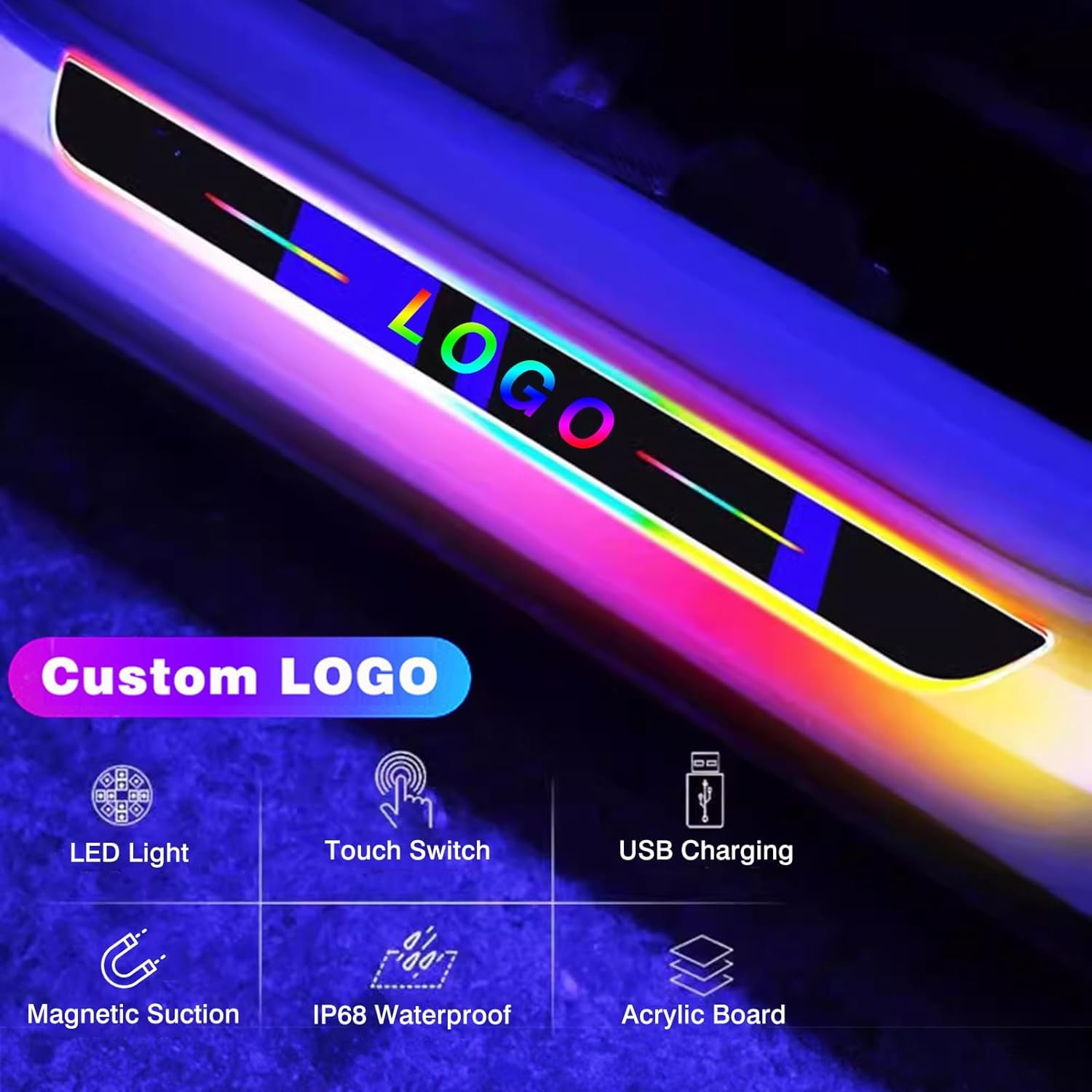 Car Door Sill Led Customized Logo Or Text,Wireless Auto-Sensing Door Side Courtesy Entry Guards Decorative Lights With 8 Colors Are Suitable For Most Models (2 Pack(2pcs Front