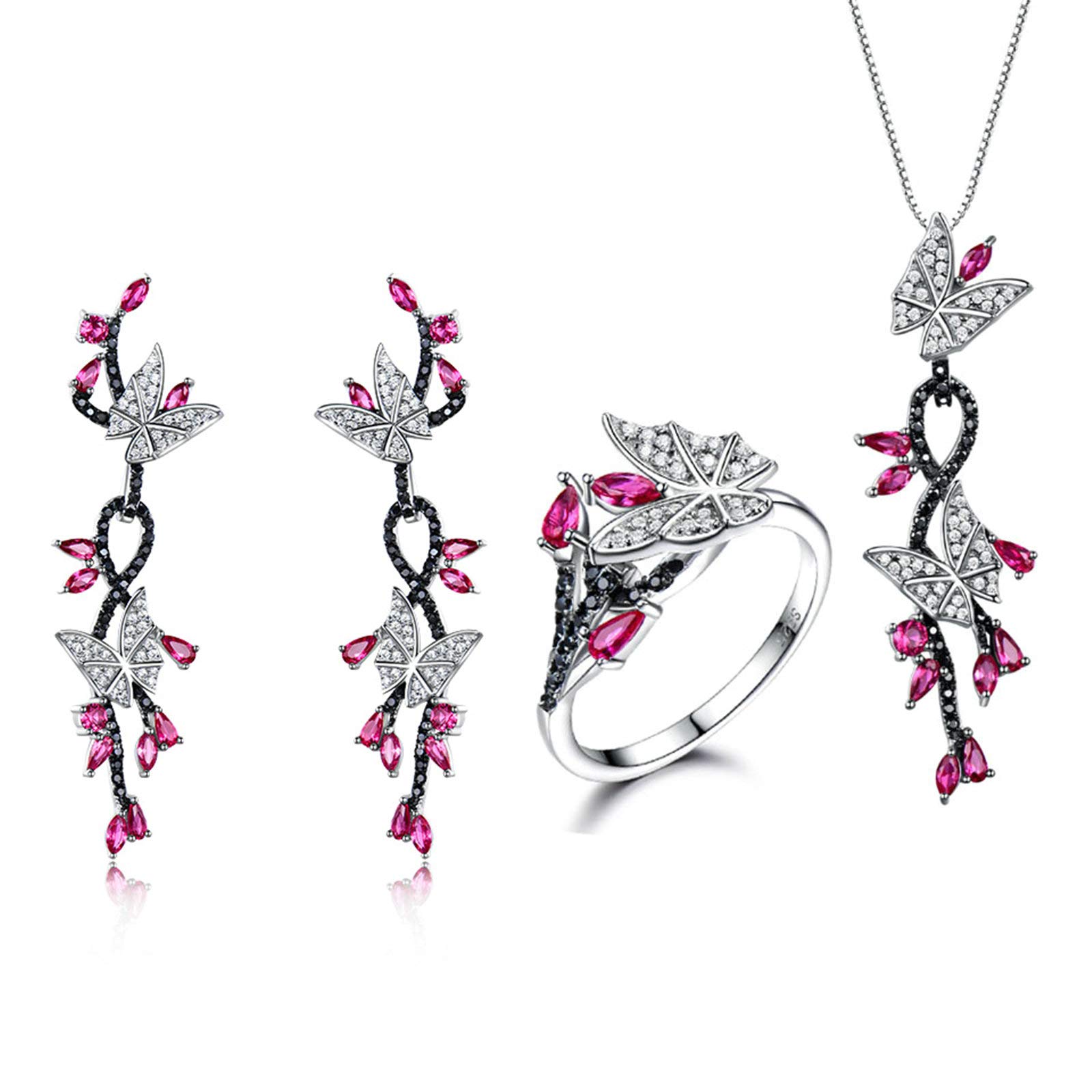 Anello Donna, Collana da Donna in Argento 925 La Farfalla in Argento 925 Set Orecchino Collana E Anello per Donna Donna Zirconia Cubica Nero Rosso