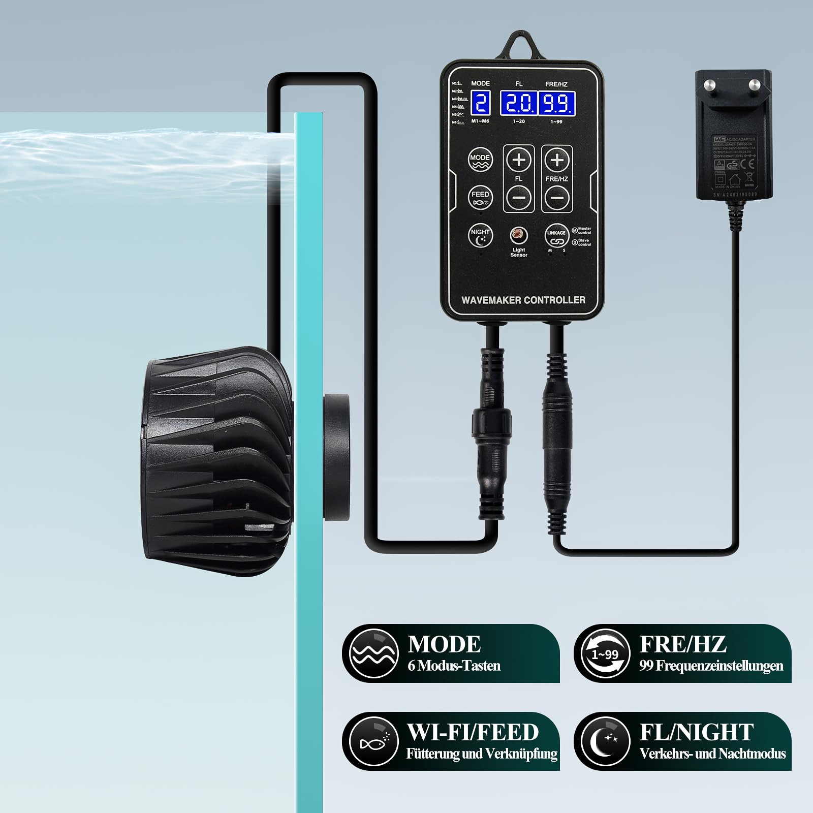 boxtech Acuario Bomba de Flujo 10 W,Acuarios WaveMaker,Bomba de onda de peces | 8000L/H con controlador e indicador LED DC 24 V, fuerte ventosa magnética