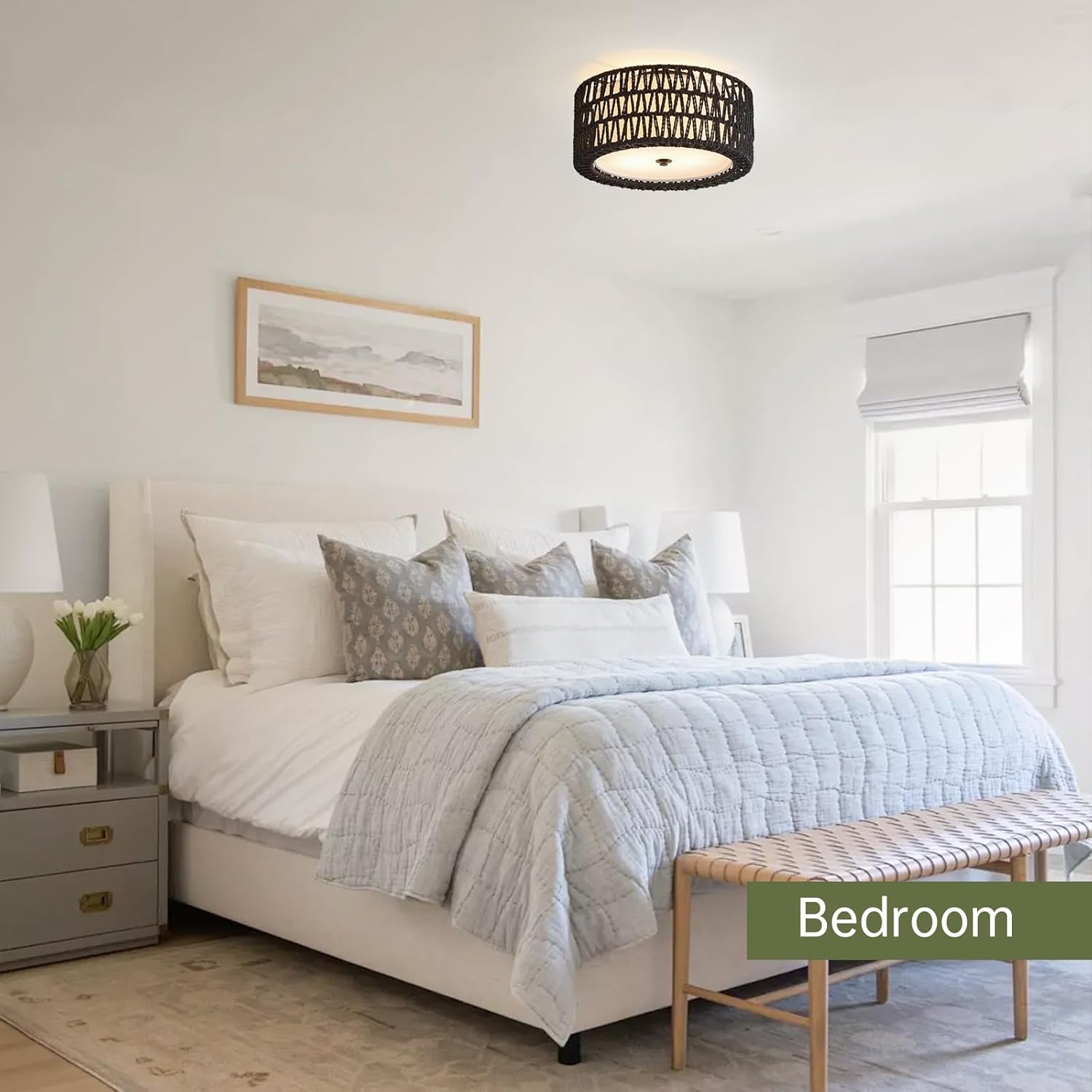 Boho Black Ceiling Light Fixtures 2-Light Rattan Flush Mount Ceiling Light, 12.6" Modern Light Fixture Close to Ceiling Light for Bedroom Nursery Foyer Hallway Entryway Kids Room
