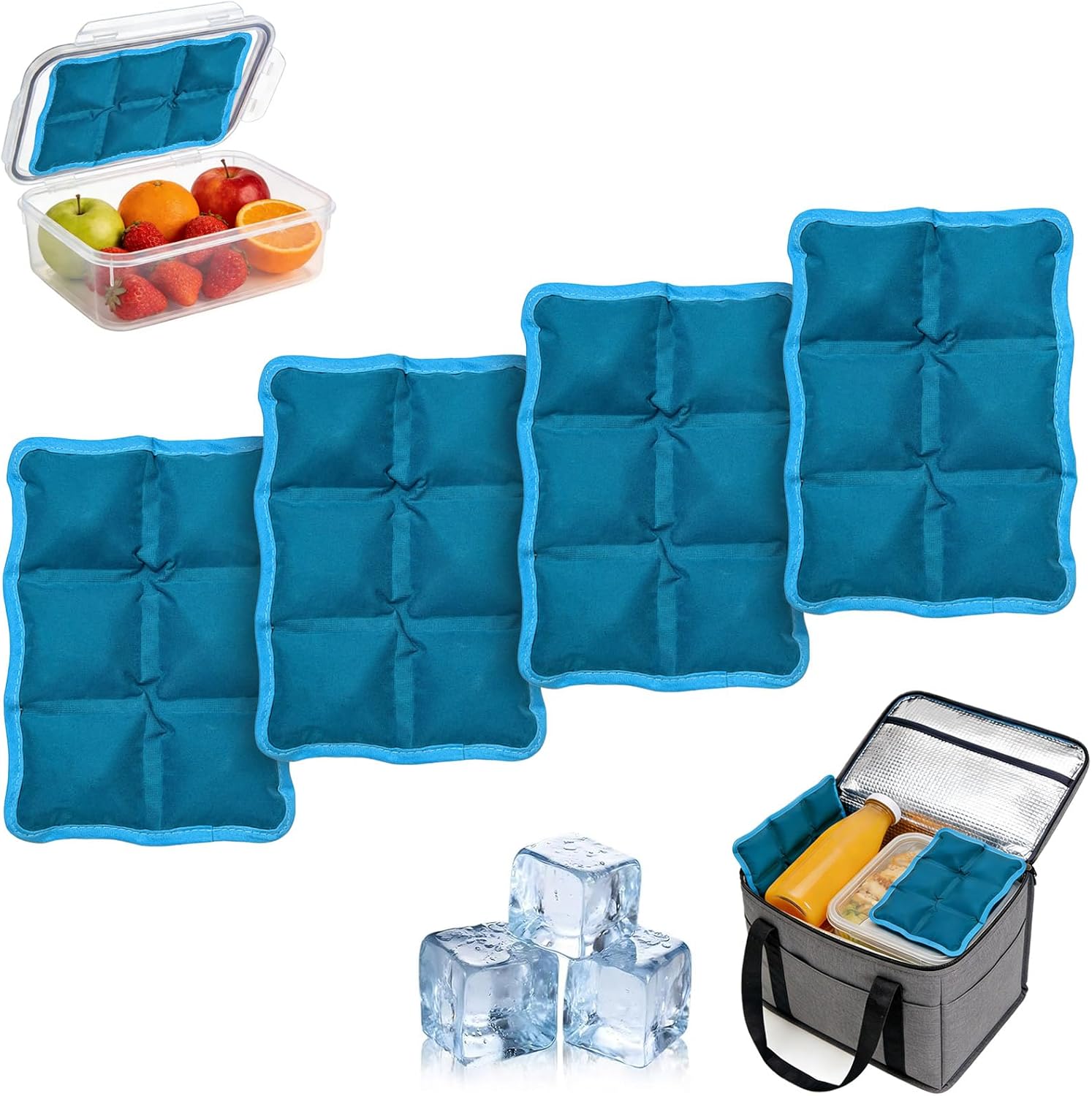 QuartzGlow 4pcs Reusable Ice Packs for Lunch Boxes & Coolers, (6”x4”x0.7”) Slim Freezer Packs for Lunch Bags, Small Non-Toxic Cooler for Picnic & Camping