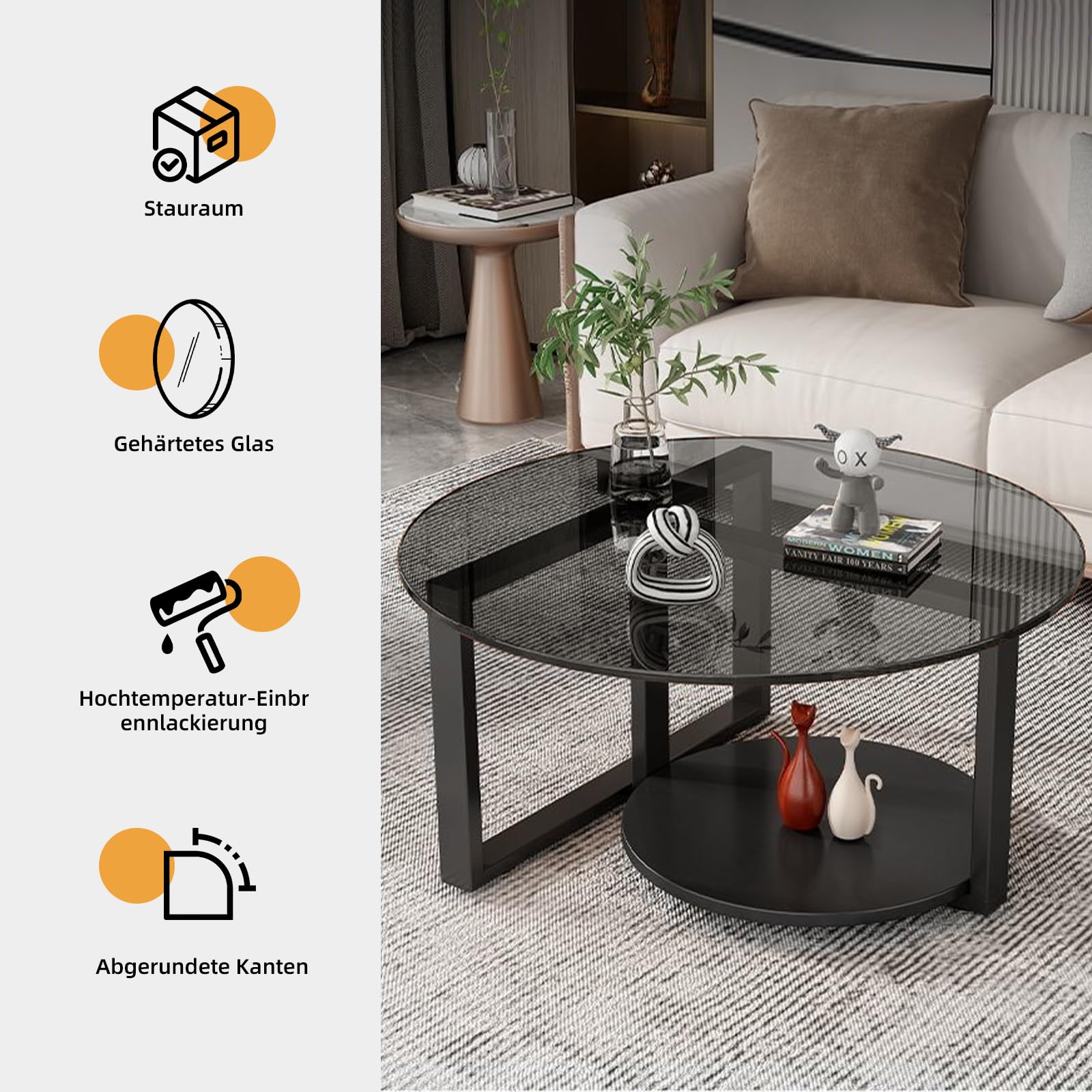 Couchtisch Rund Schwarz, Glas Couchtisch mit Stauraum, 60cm Doppelstöckiger Wohnzimmertisch Rund, Schwarz Round Coffee Table mit Metallrahmen