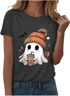 Halloween Shirts for Women 2025 Cute Ghost Shirt Fall Pumpkin Tshirt Crew Neck Graphic Tees Casual Short Sleeve Tops