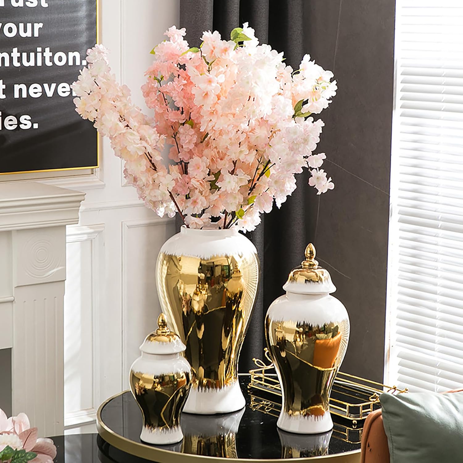 18" Ceramic Ginger Jar Vase with Lid, White Gold Ceramic Vase for Home Decor, Handmade Flower Vase Modern Luxury Decoration Ginger Jars for Living Room Table Center Ornaments