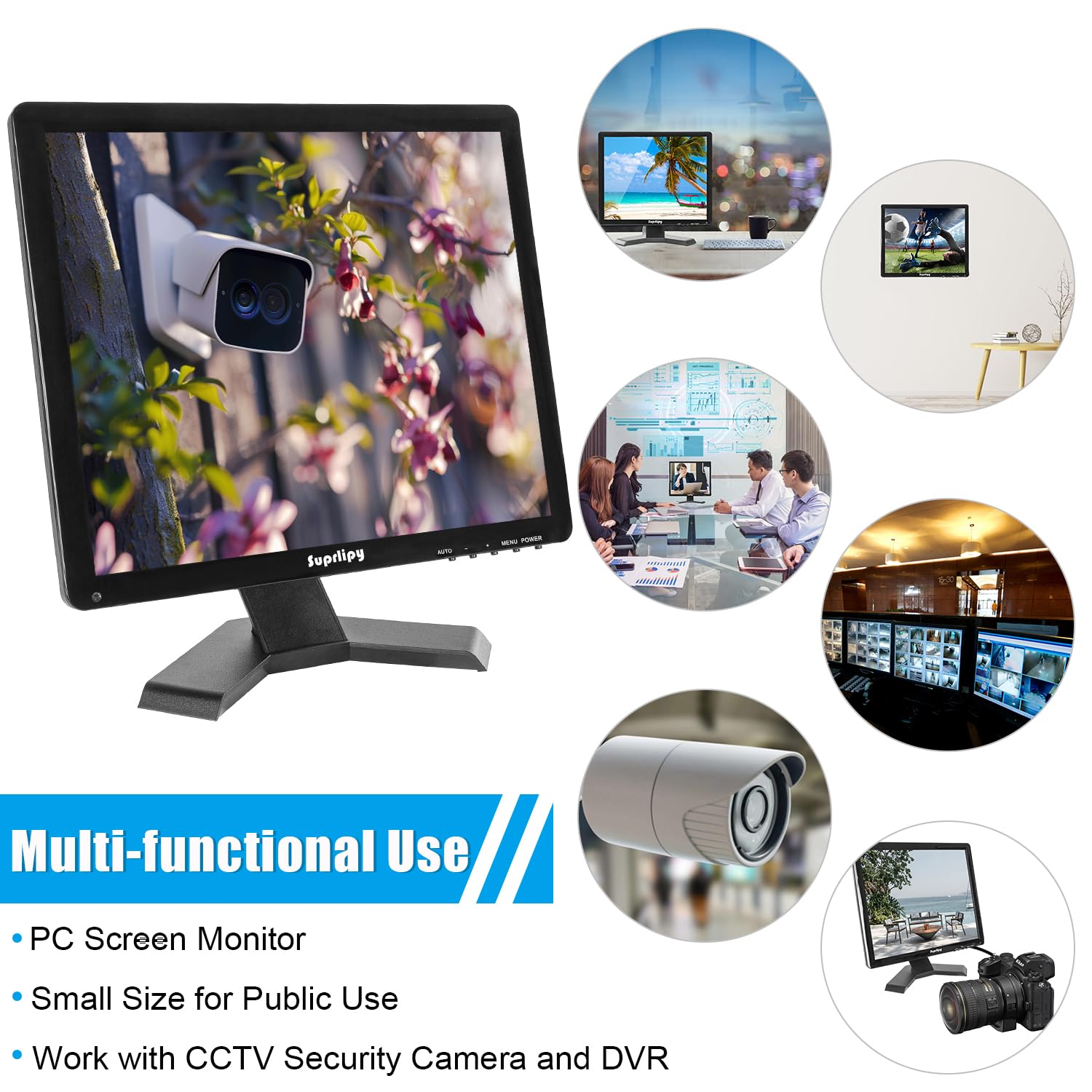 Suprlipy 17 Inch TFT LCD Security CCTV Monitor 1280x1024 4:3 Resolution Color Display Screen Support HDMI/VGA/AV/BNC/MIC USB Ports with Remote Control Built-in LounSpeakers for Home Security Monitor