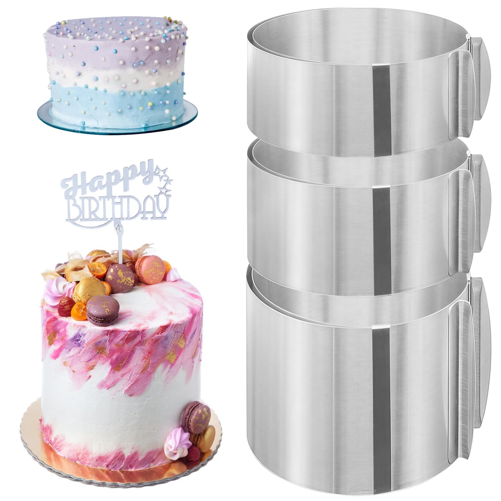 Set di 3 anelli regolabili per torte, in acciaio inossidabile, 2.4 in / 6 cm, 3.1 in / 8 cm, 5.9 in / 15 cm di altezza, larghezza regolabile per torte multistrato, facili da pulire, per panettieri