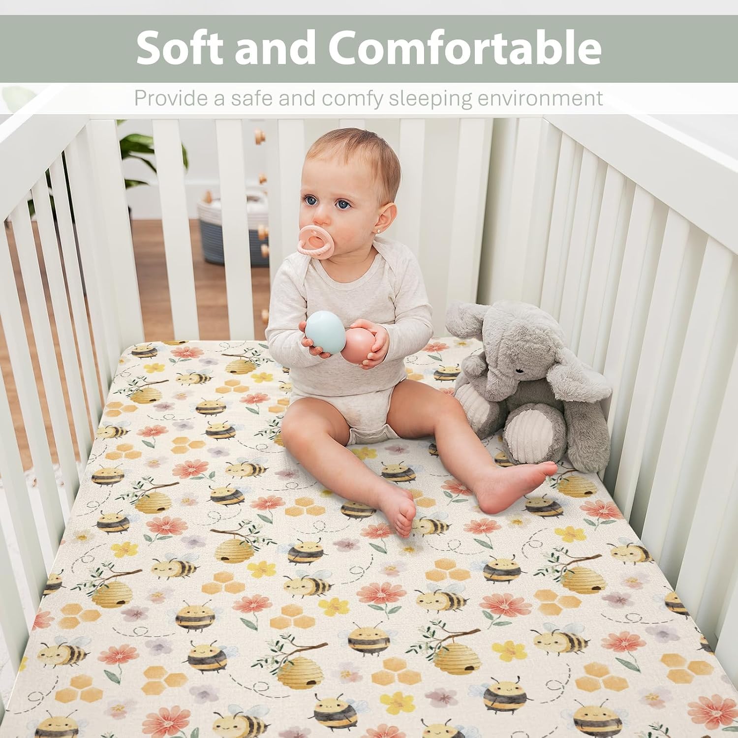 Pastel Bee Floral Baby Crib Sheets for Boy Girl 52x28Inch Vintage Bees Honeycomb Flowers Soft Snug Fitted Crib Mattress Covers Summer Spring Garden Baby Sheet for Standard Crib & Toddler Mattress