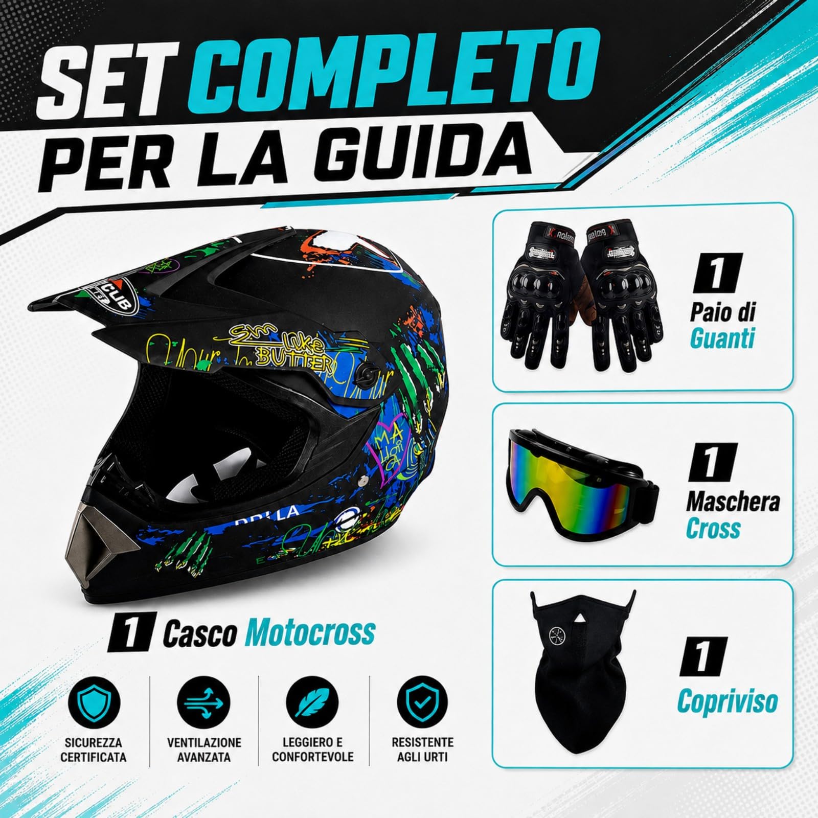 Set Casco Cross Integrale nero multicolore con Occhiali e Guanti