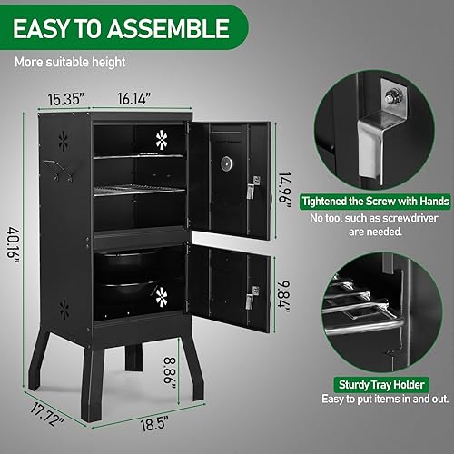 Miniatura 3 de Outvita Ahumador al aire libre con puertas dobles, ahumador vertical de carbón, barbacoa de carbón al aire libre con 2 rejillas de parrilla