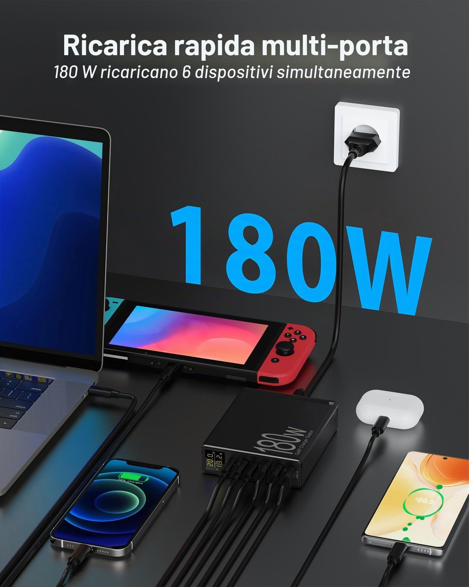 Caricatore USB C Multiplo 180w, PD3.0 QC4.0 Rapido Alimentatore USB C, 6 Porte Caricabatterie USB C Ricarica Rapida per MacBook Air, iPhone 14/13/12/11, iPad, Samsung, Huawei, Pixel, Laptop