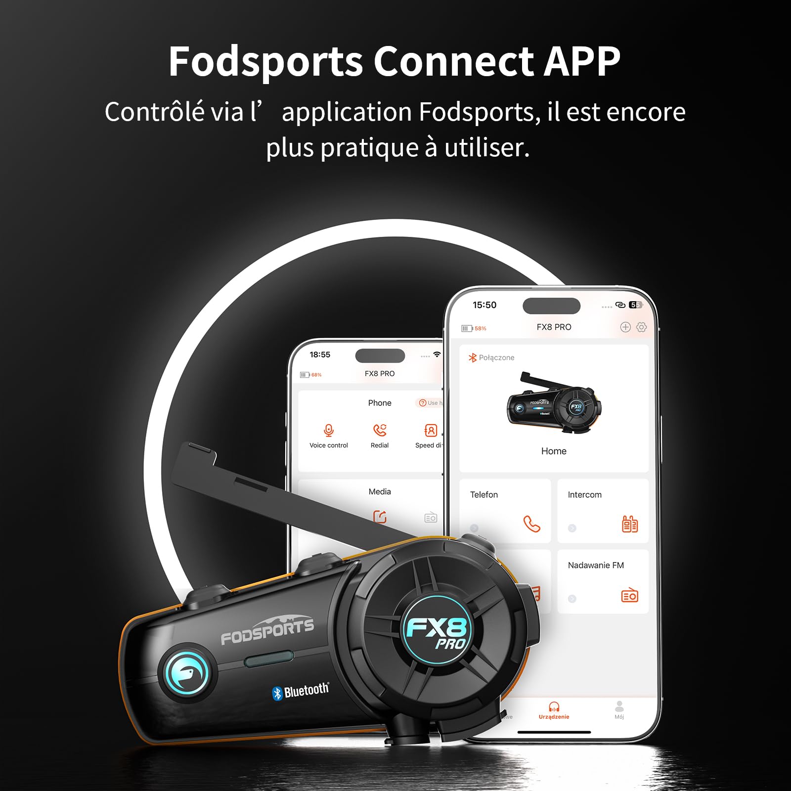 Fodsports FX8 Pro Intercom Moto Bluetooth Audio Multitasking Controllo App