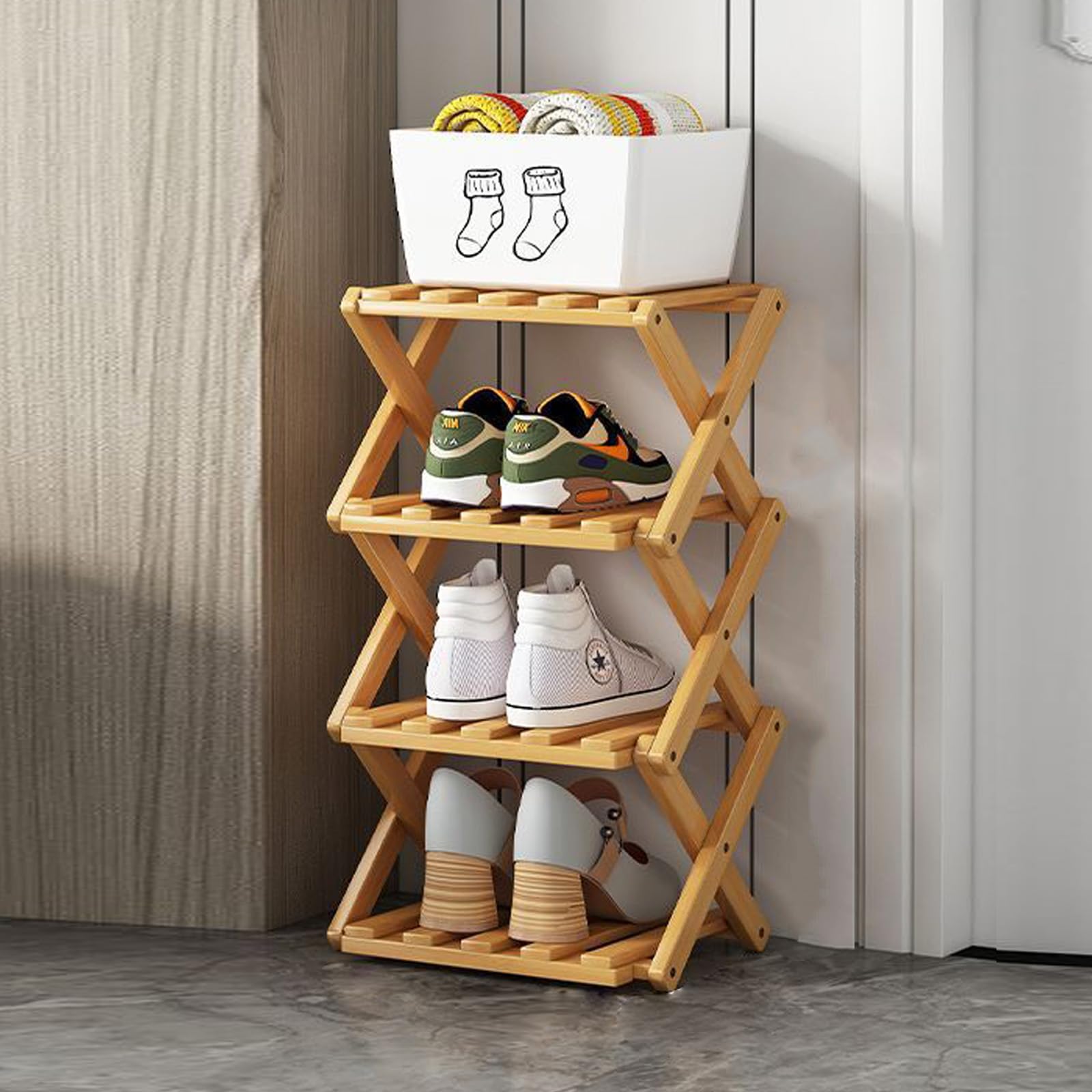 Hafuvool 4 Tier Bamboo Foldable Shoe Rack Small