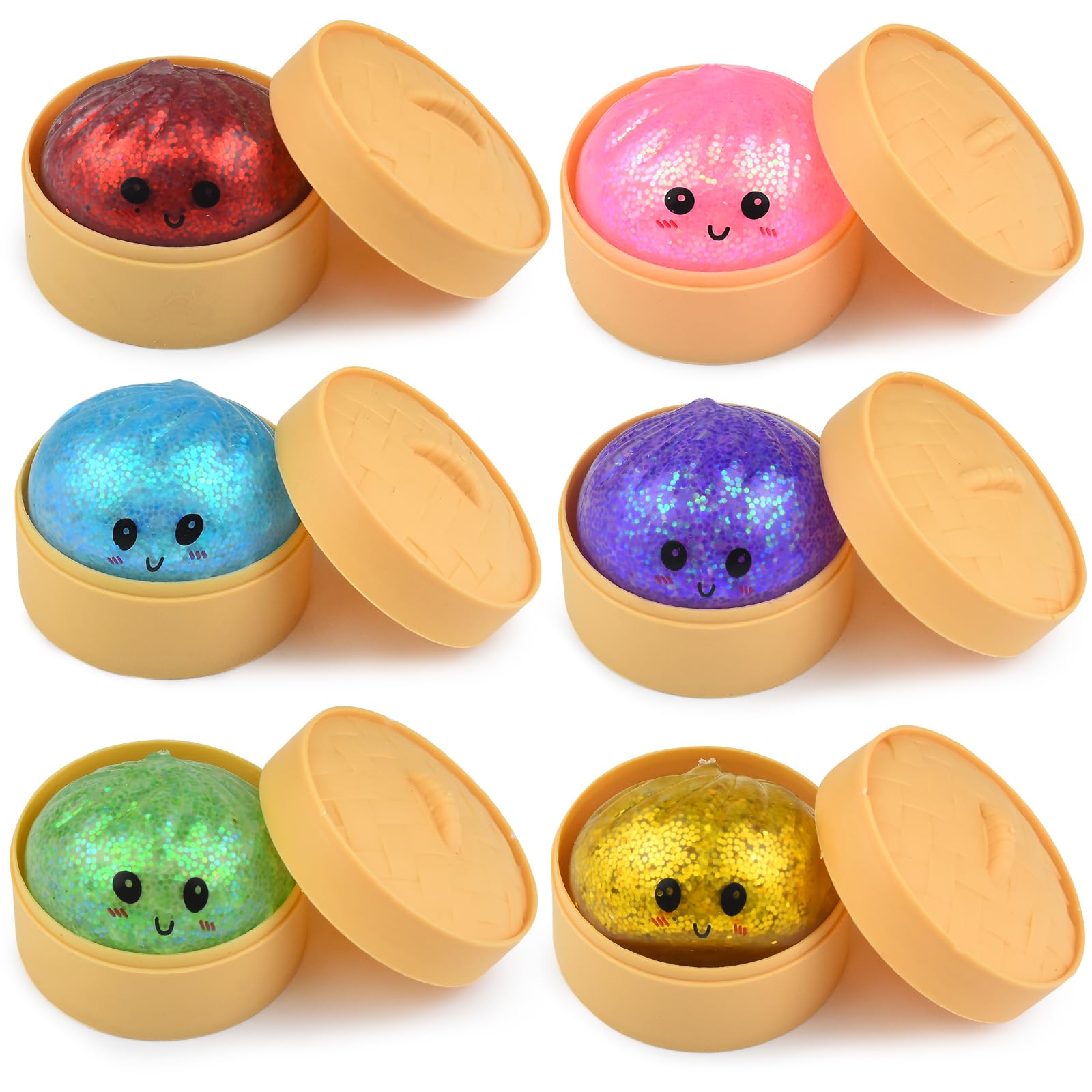 MEIEST 6 PCS Glitter Smiling face Colorful Dumpling Stress Balls Fidget Sensory Toy,Squeeze Dough Ball Stress Relief Hand Toy,Bun with Food Steamer Stretchy Desk Toys