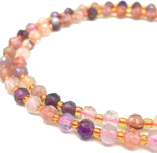 Miniatura 9 de ABCGEMS - Turmalina de cereza brasileña en cuentas de lepidolita (una revolucionaria técnica triangular de corte de diamante aporta un aspecto de