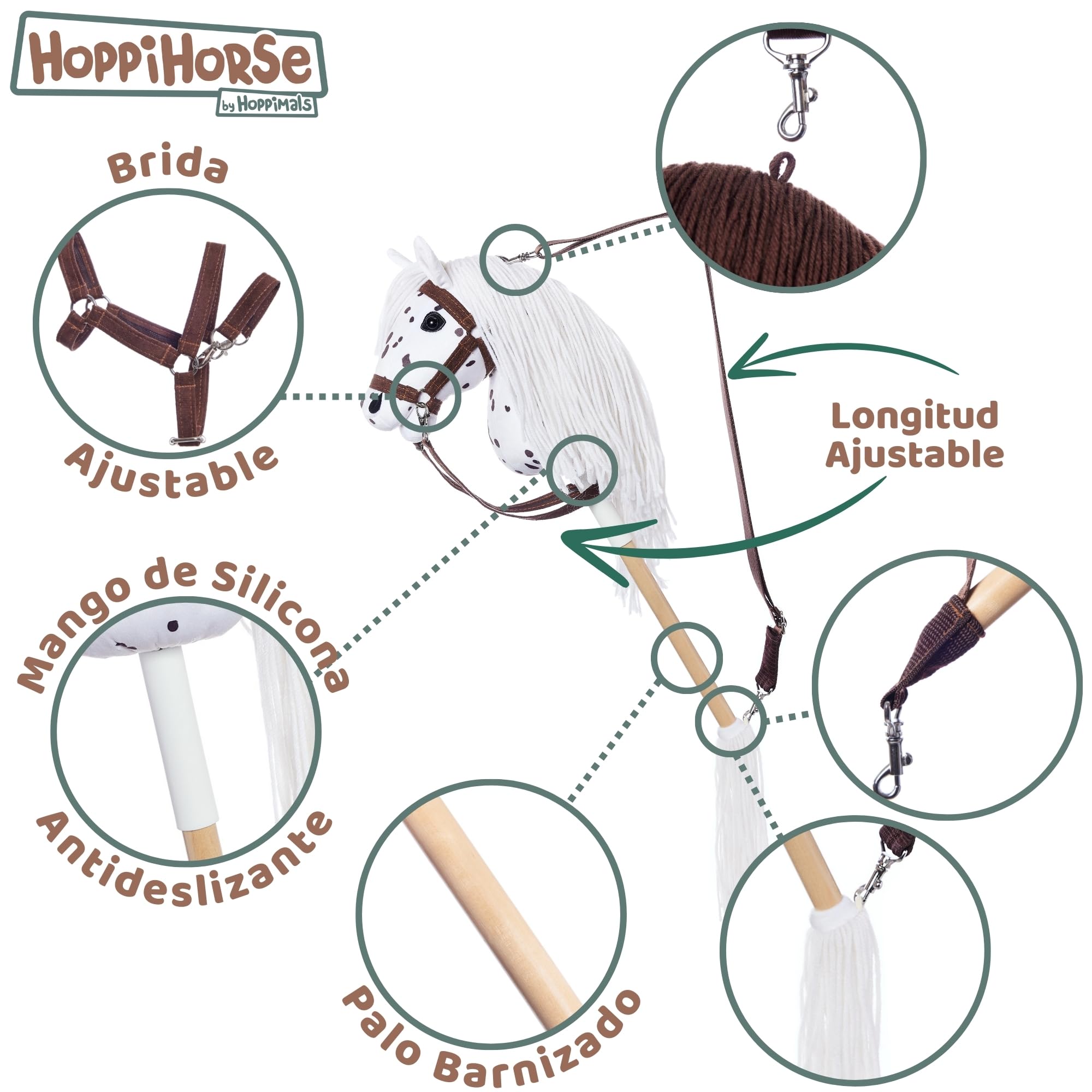 HOPPIHORSE Hobby Horse Deportiva A4 Caballo de Palo con Cabezada Riendas Correa Hombro Cola Empuñadura Silicona Peluche Caja Regalo
