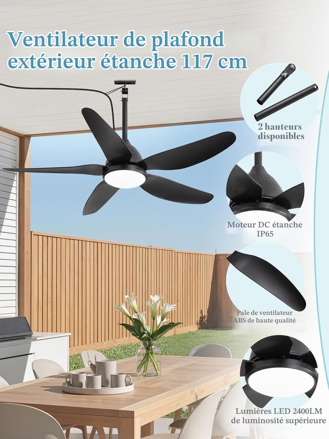 IP65 Ventilateur de plafond Extérieur avec Éclairage 116cm étanche LED Plafonnier Ventilateur Silencieux 6 Vitesses Dimmable Ceiling Fan with Light pour Terrasse Gazebo, avec télécommande Noir