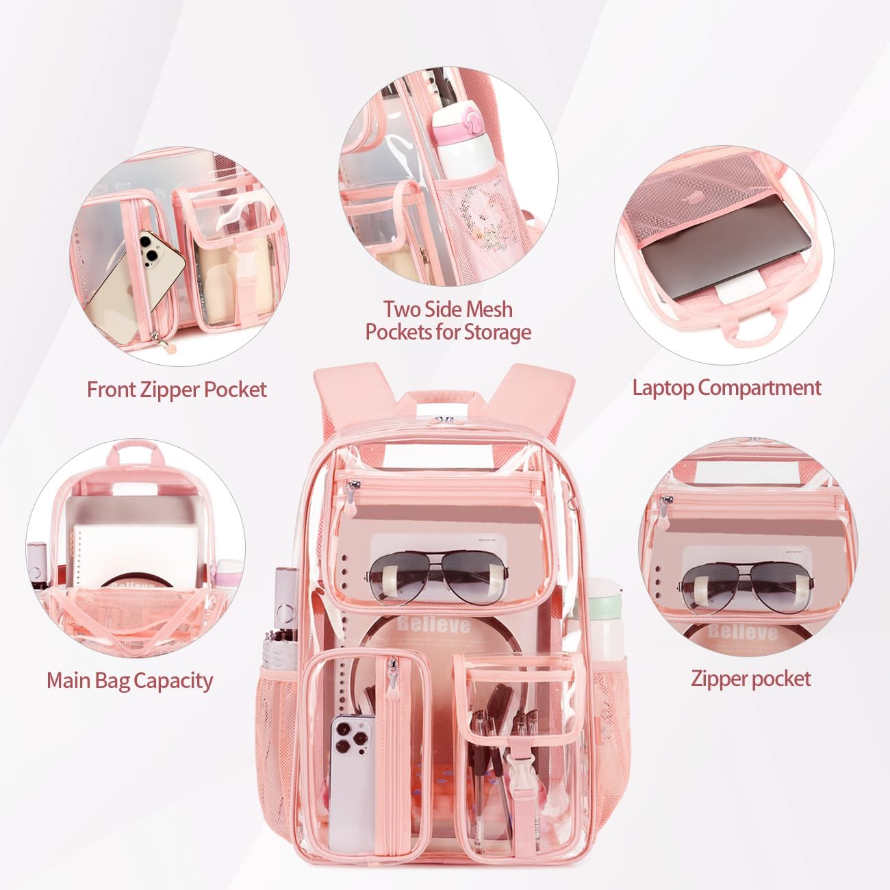 Pink See Through Backpack For Women, Clear Backpack Heavy Duty,Clear BookBag,16 x11 x5inch TPU Large Capacity for School,stadium events, Sport Events,Travel,mochila transparente para mujer (Pink) - Image 6